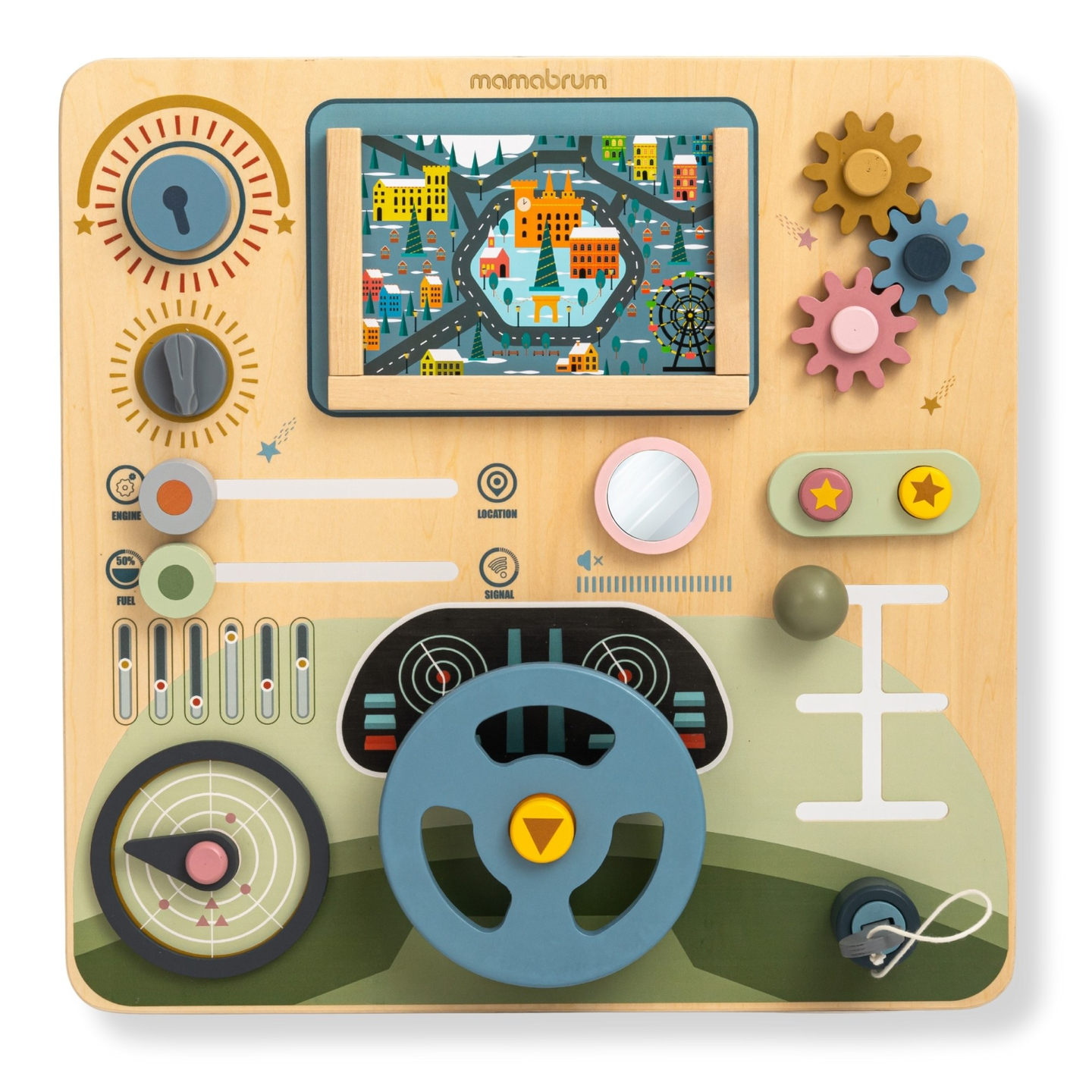 Tavola Montessori in legno 2 in 1 Cockpit per piccoli conducenti e piloti: volante, cambio, mappe di viaggio, radar