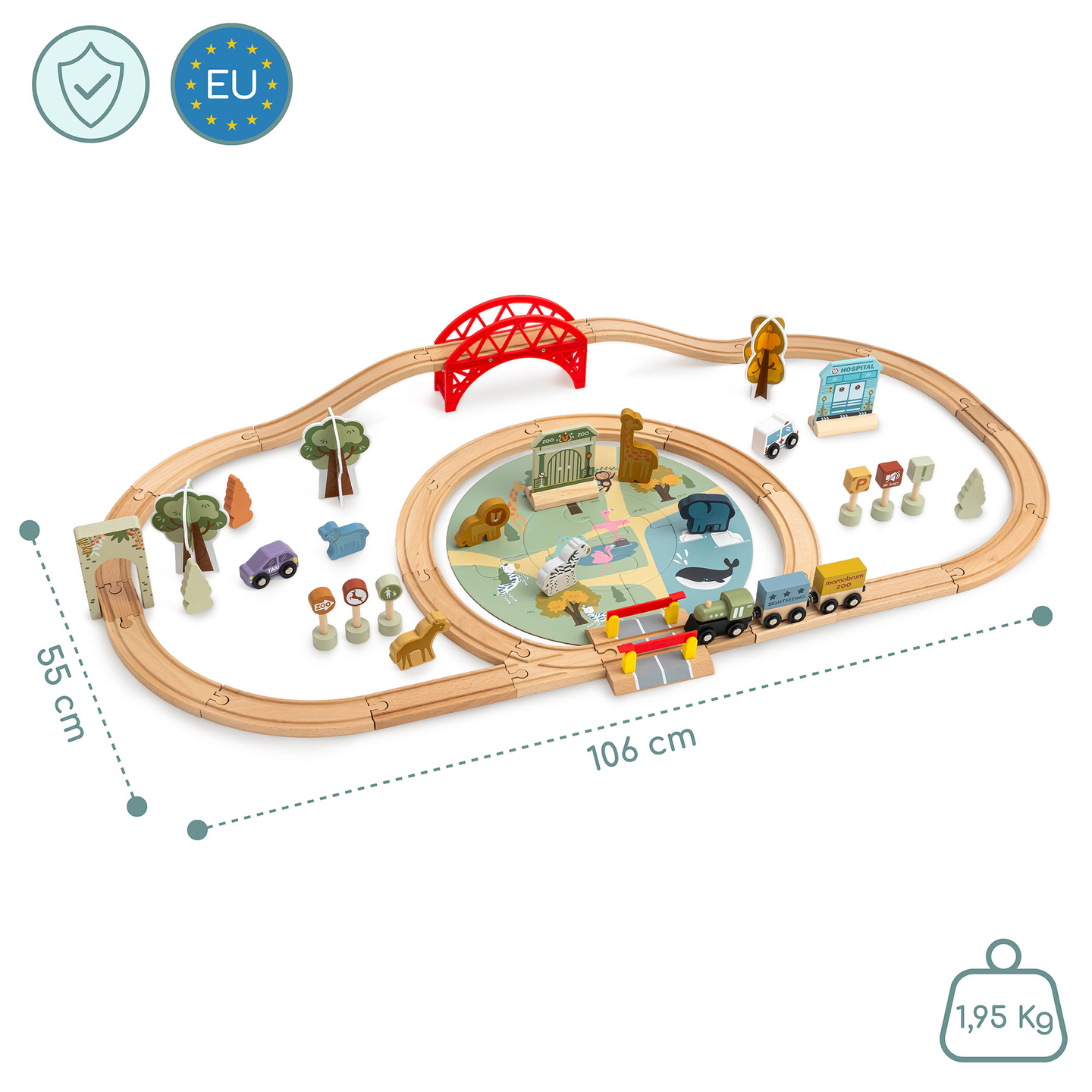 Treno ZOO in legno – puzzle, treno, binari, animali, ponte, barriera