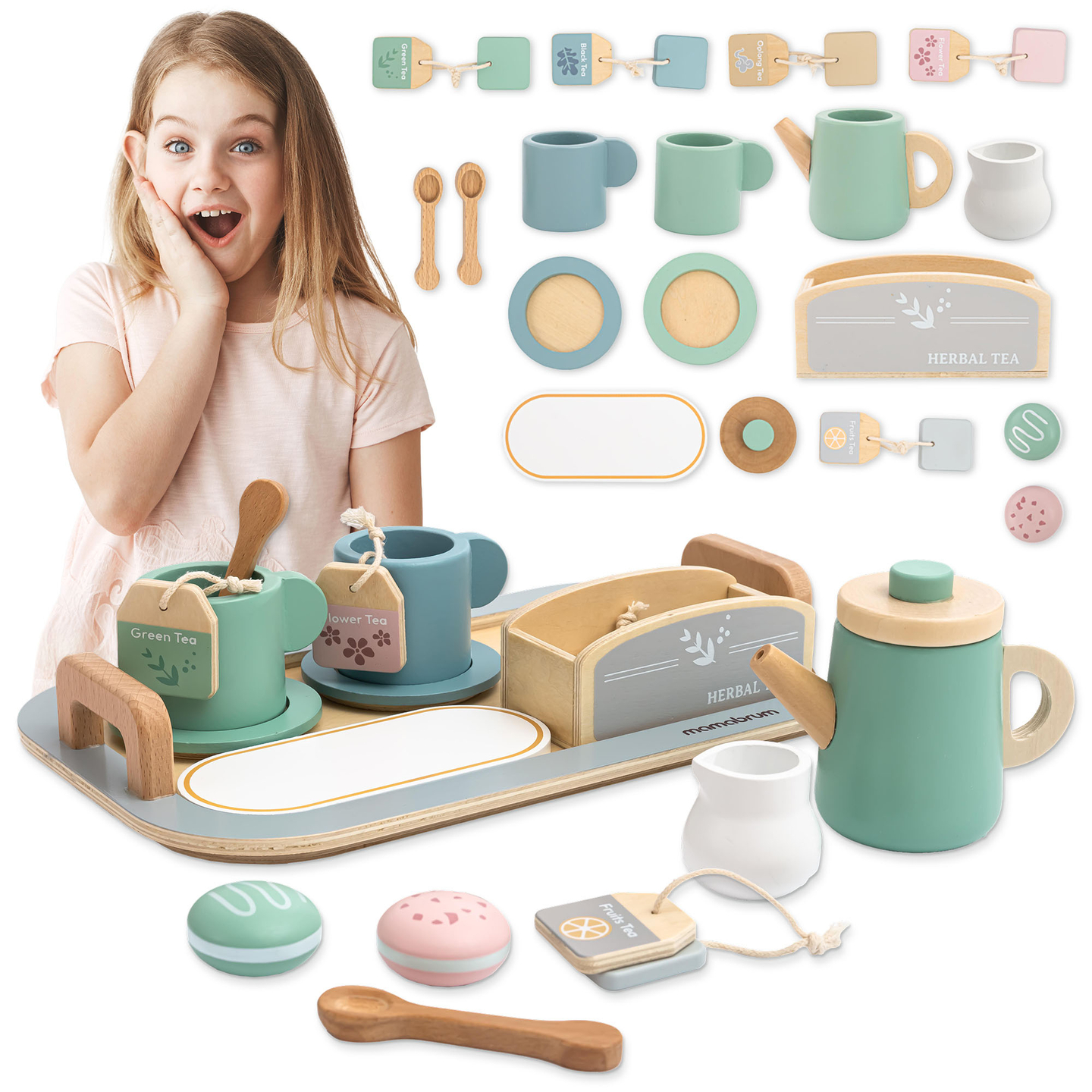 Grande set da tè in legno con vassoio - 18 articoli