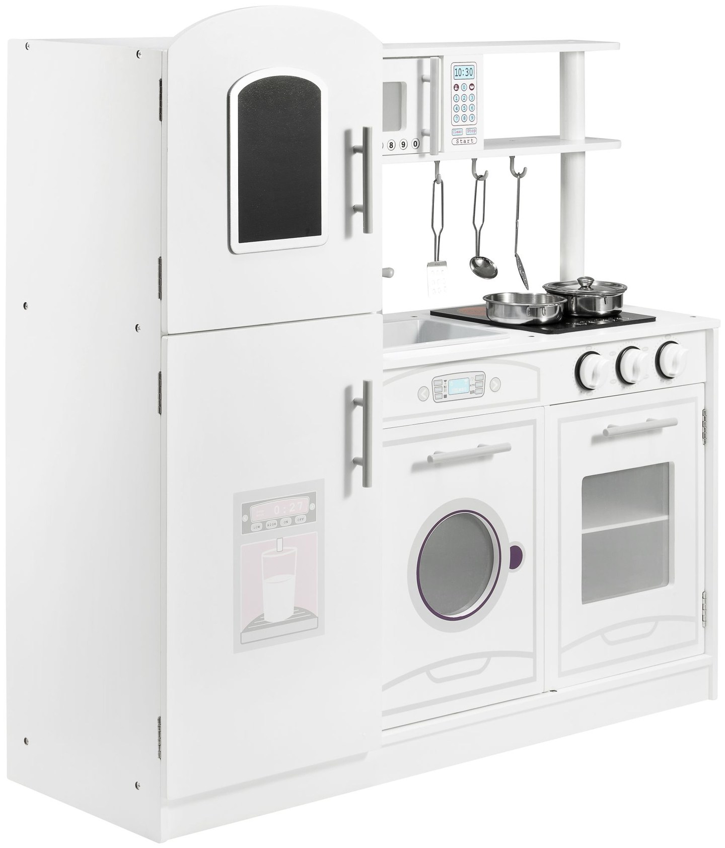 Grandi accessori da cucina in legno bianco e grembiule