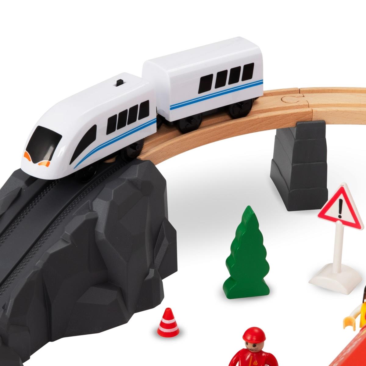 Treno in legno, treno a batteria - Vigili del fuoco, binari, automobili, ponti, barriera