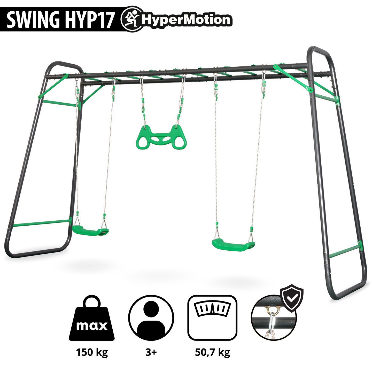 Altalena da giardino XXL in acciaio - 2 sedili, scala, trapezio ginnico