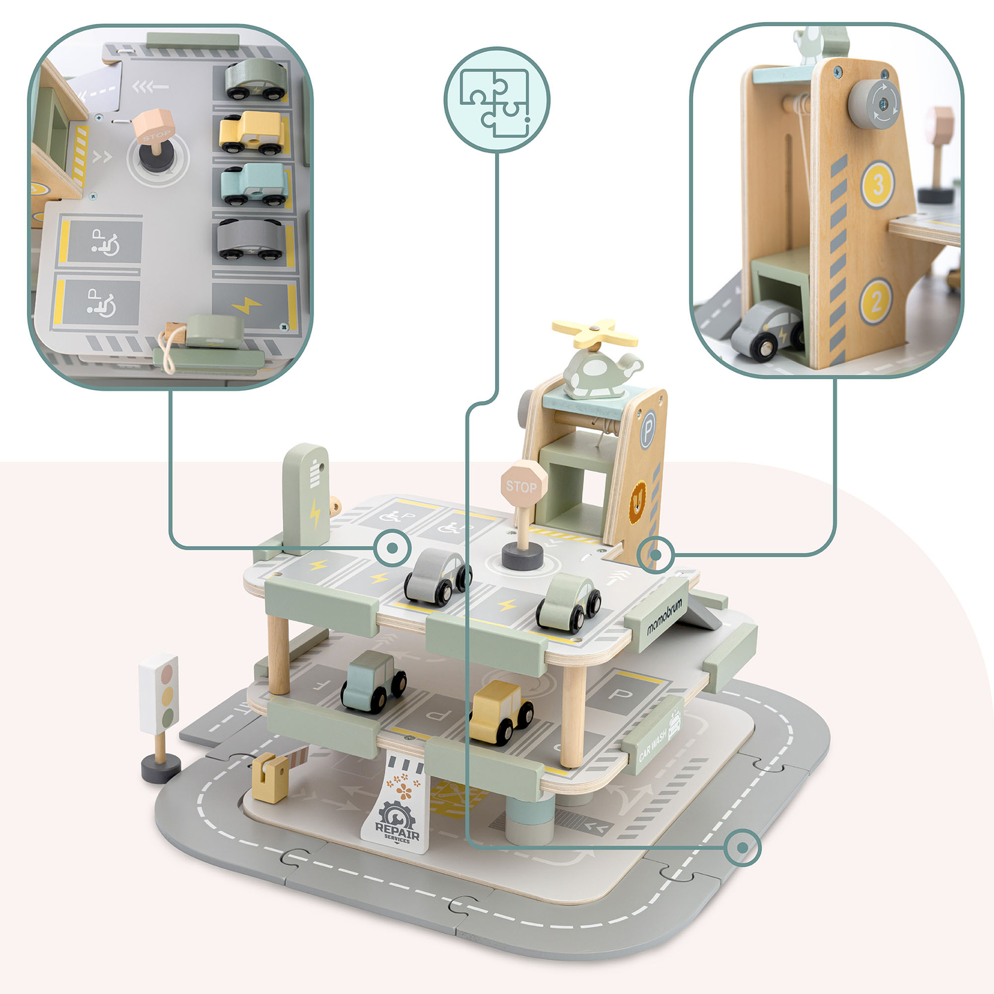 Garage in legno a tre piani per bambini con accessori: parcheggio, stazione di servizio, autolavaggio, elicottero