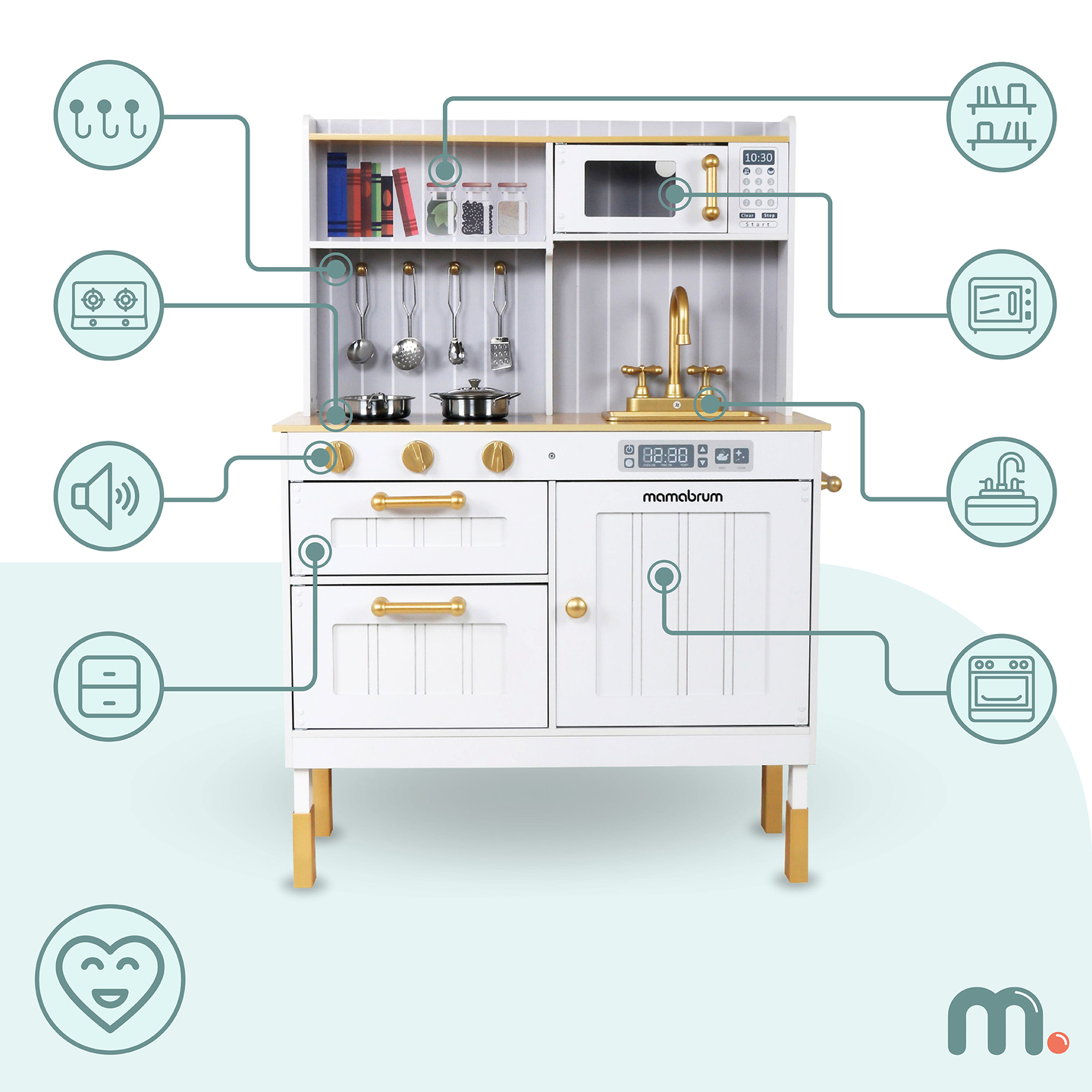 Cucina bianca in legno con accessori e grembiule