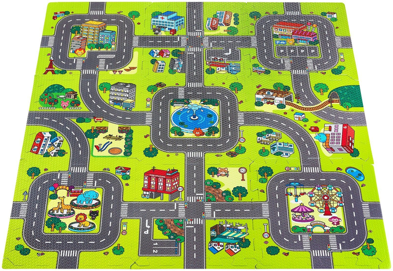 Tappeto puzzle educativo in schiuma 90 x 90 x 1 cm con bordi - schiuma EVA - disegno: strade cittadine strade