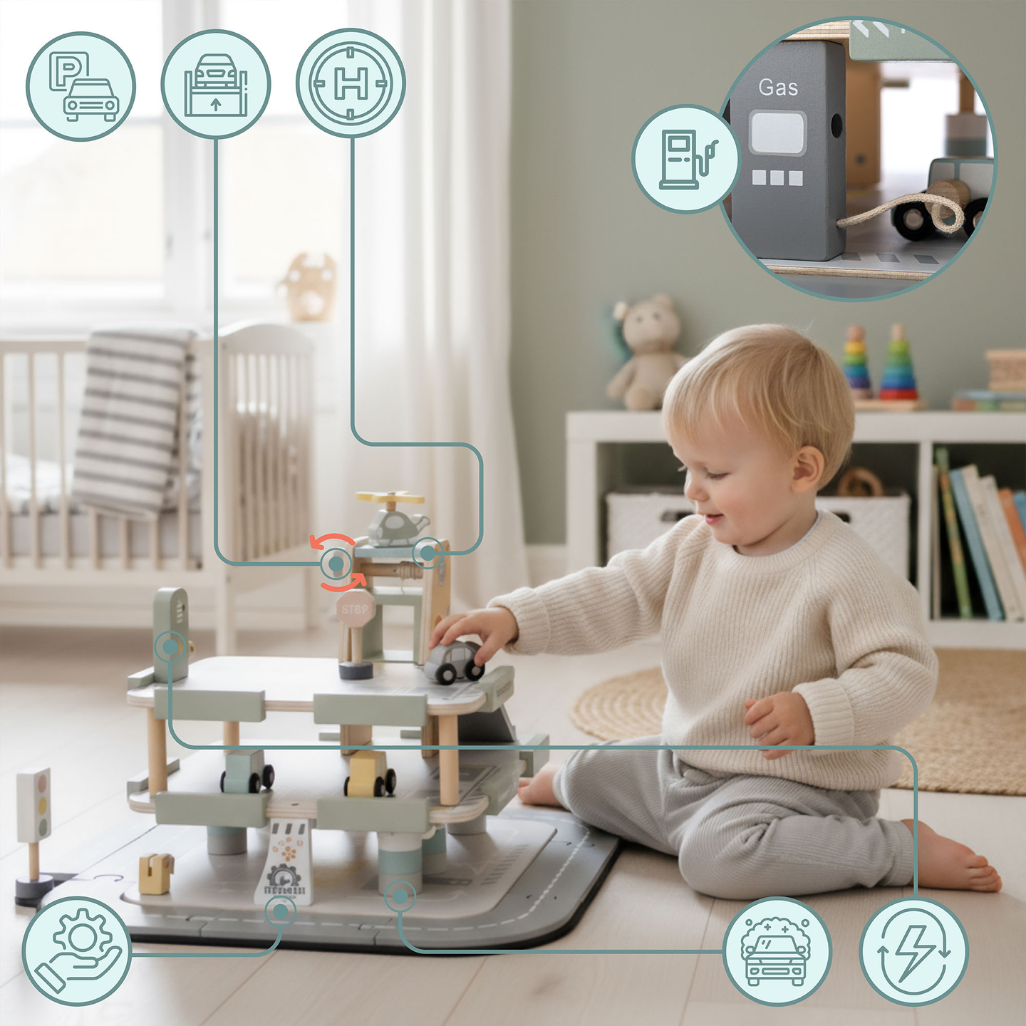 Garage in legno a tre piani per bambini con accessori: parcheggio, stazione di servizio, autolavaggio, elicottero