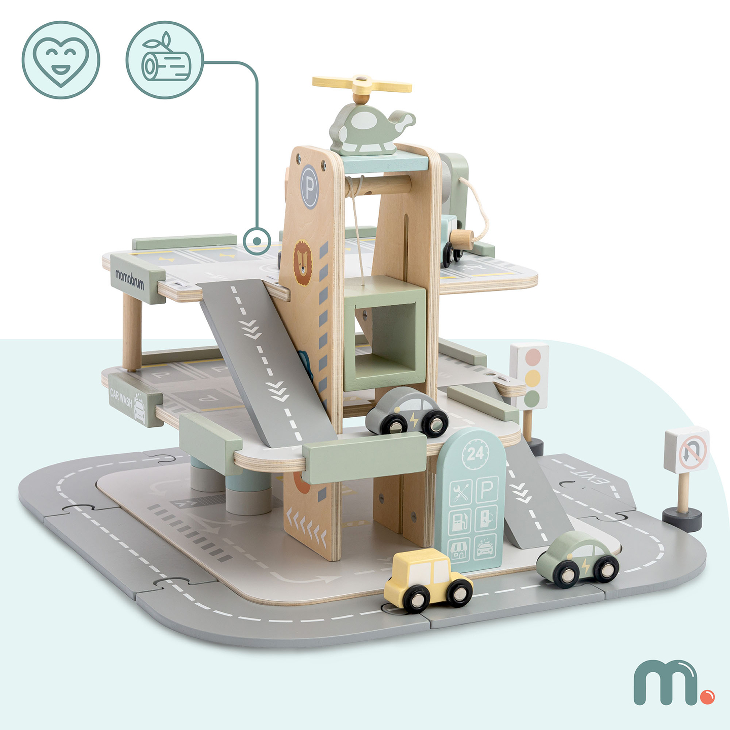 Garage in legno a tre piani per bambini con accessori: parcheggio, stazione di servizio, autolavaggio, elicottero