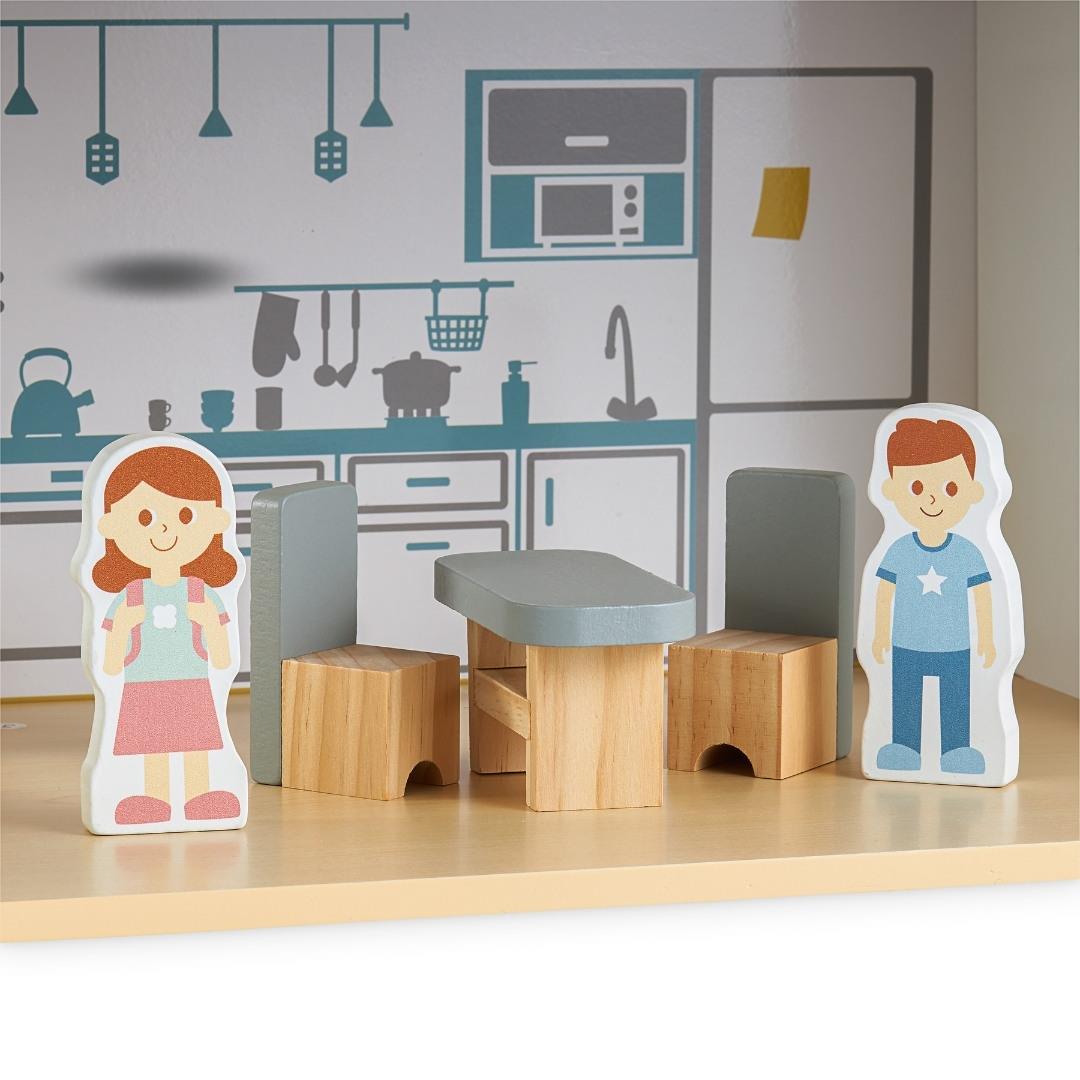 Casa delle bambole in legno bianco con terrazza e accessori