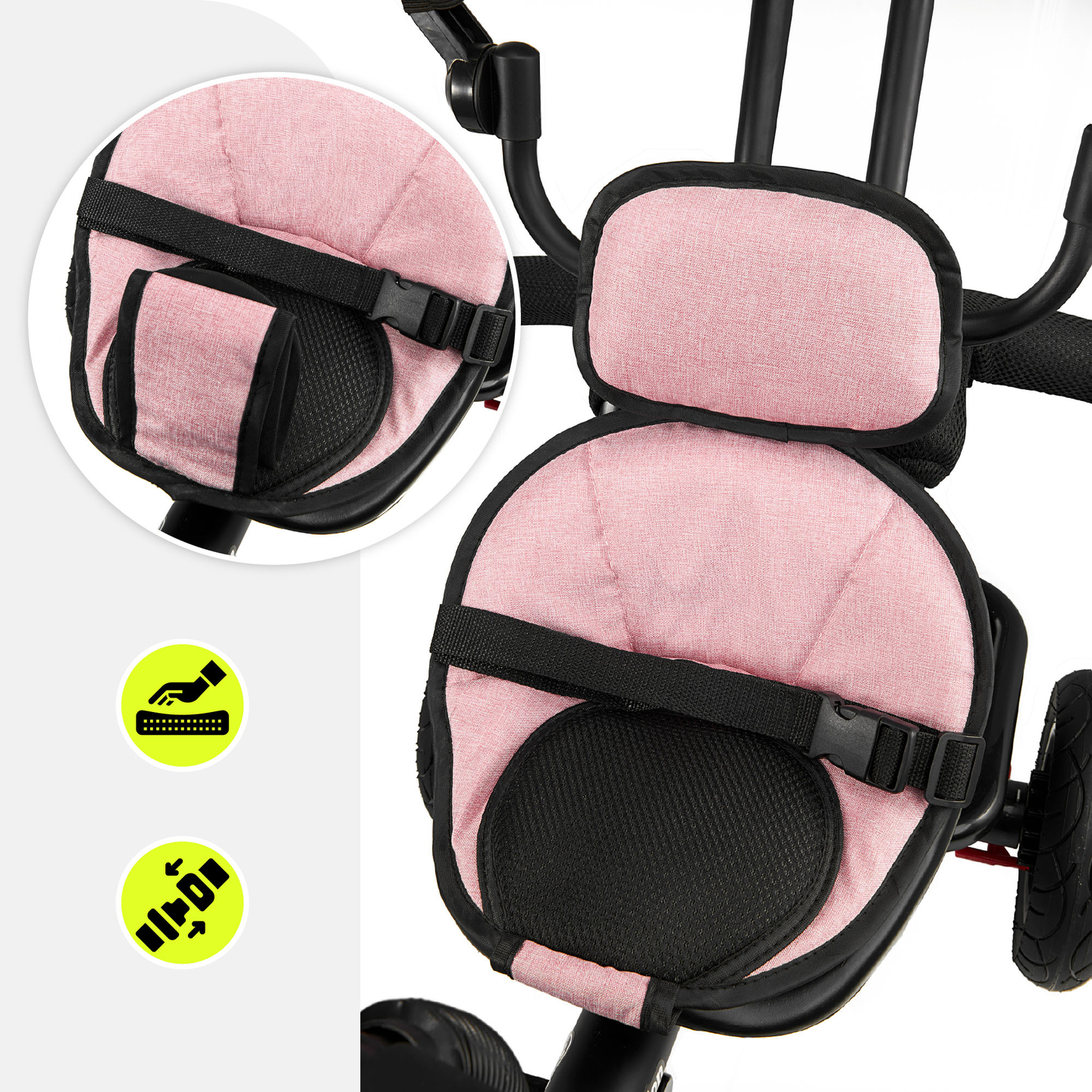 Triciclo per bambini 1-4 anni - TOBI FREY - colore rosa - girevole - ruote pompate + spintore