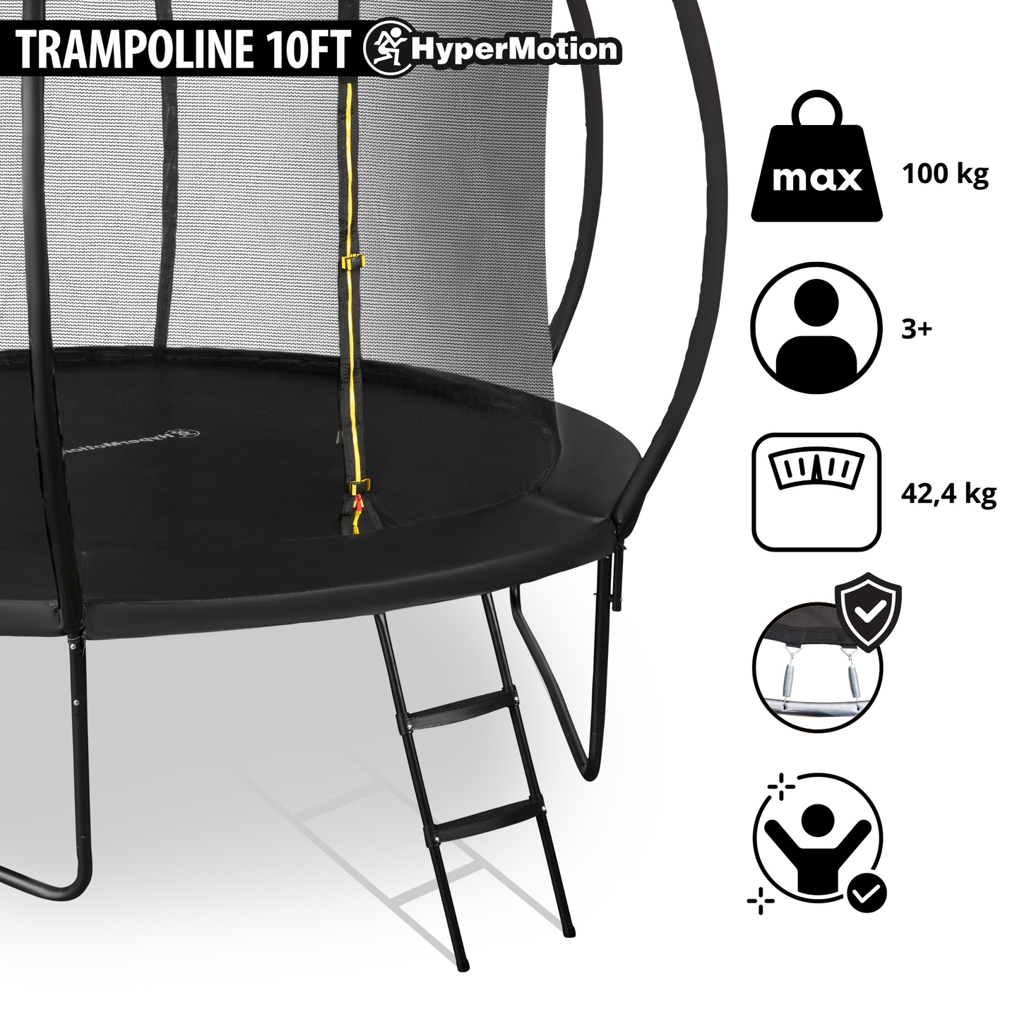 Trampolino da giardino XL per bambini HyperMotion - 305 cm 10FT - con scala e rete interna - per casa e giardino