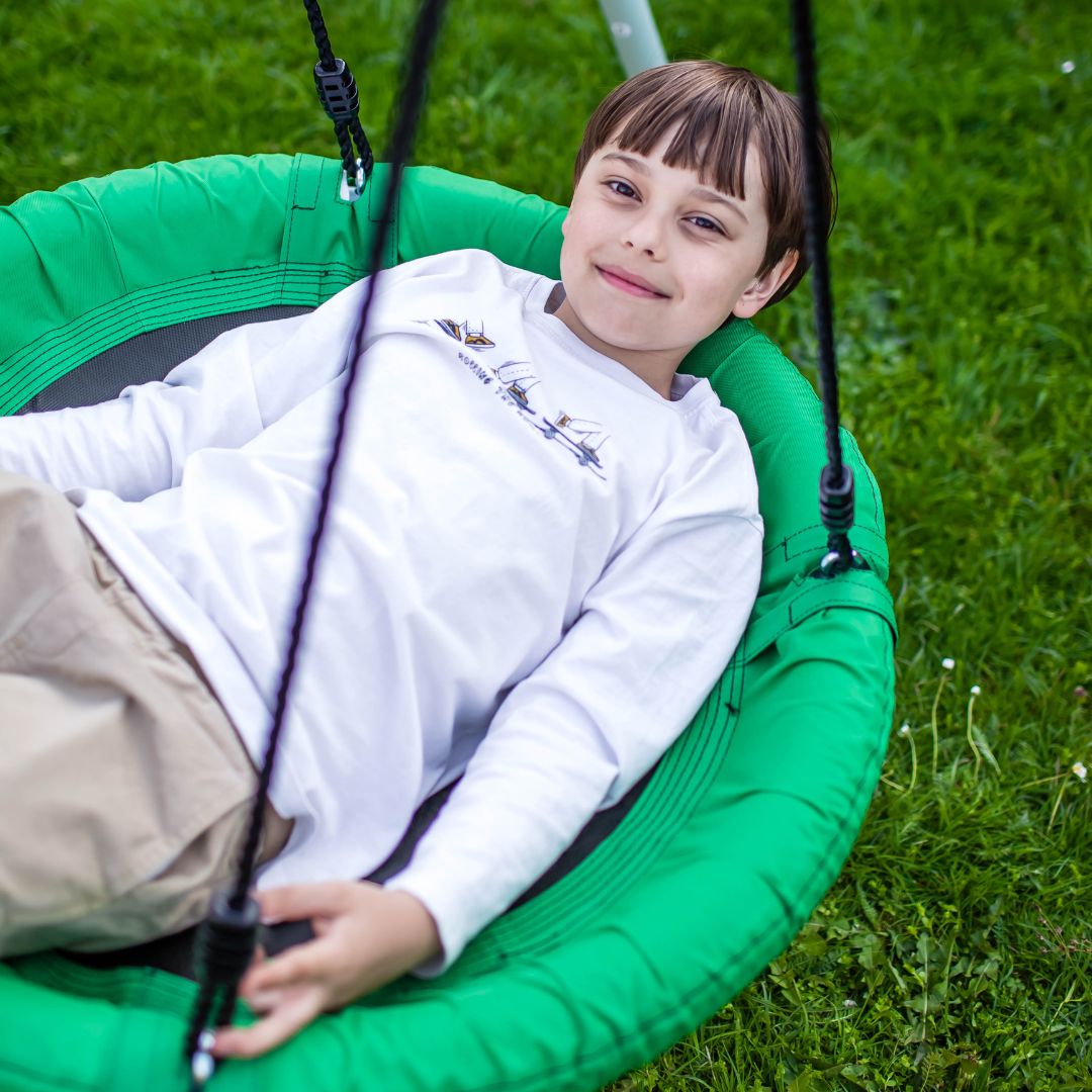 Altalena da giardino doppia con telaio e corde - seduta e nido di cicogna