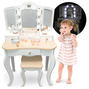 Tavolino da toilette XXL in legno con sgabello e illuminazione a LED per bambini + accessori