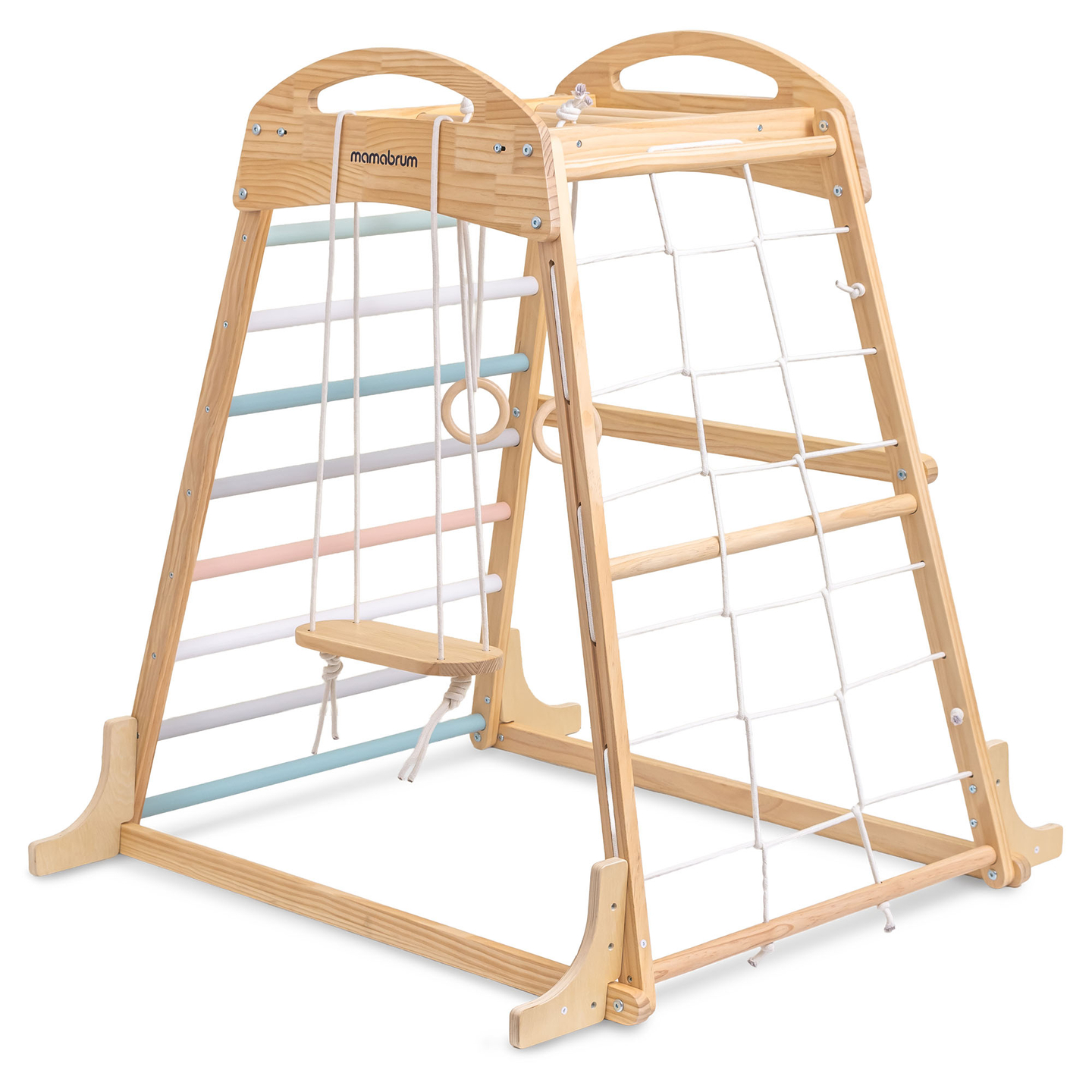 Parco giochi in legno al coperto con altalena, anelli da ginnastica e rete da arrampicata