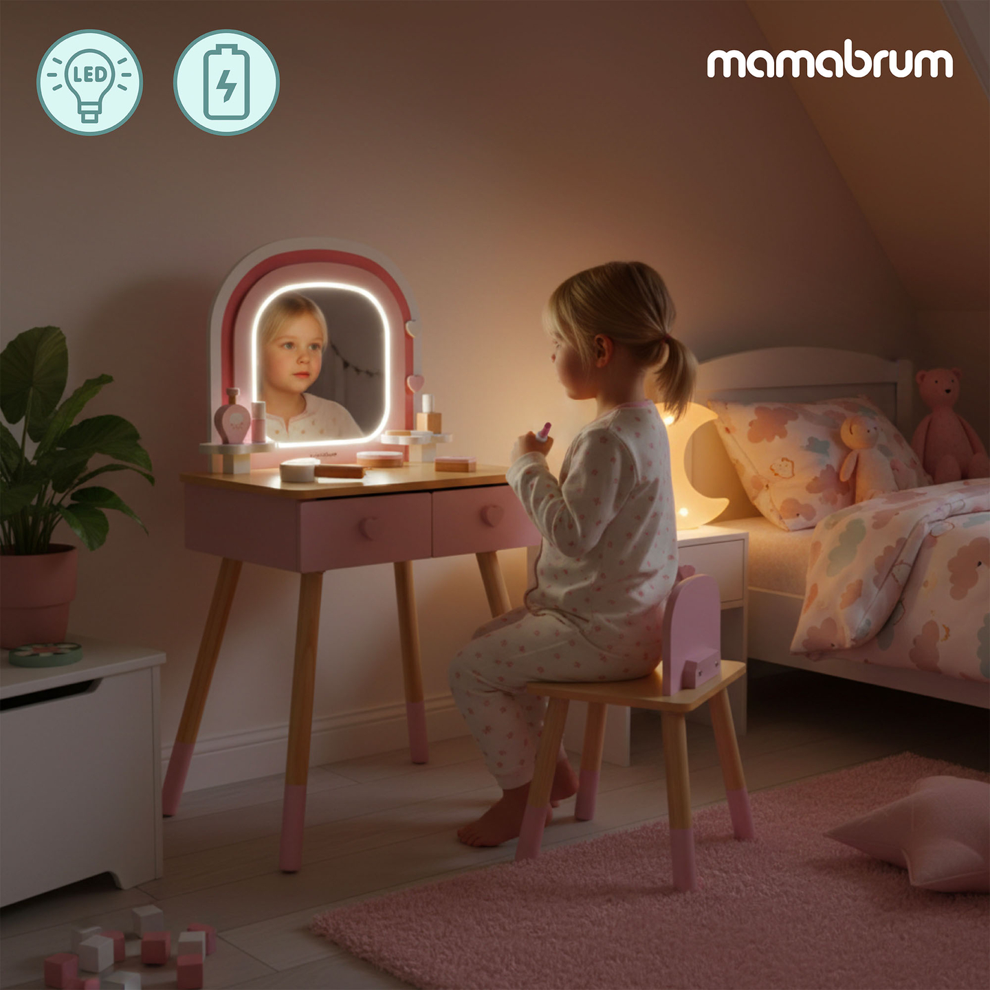 Toeletta in legno per bambini con illuminazione a LED con regolazione continua della luminosità, sedia e accessori