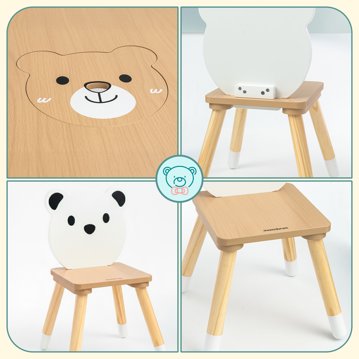 Tavolo in legno con contenitore e 2 sedie Set per bambini - Orsetto di peluche carino
