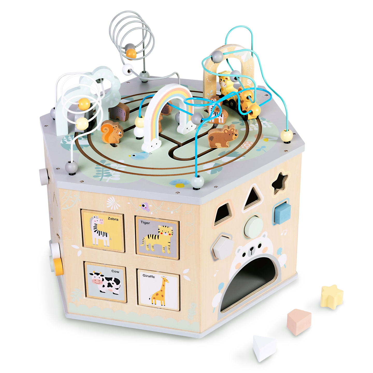 Grande cubo educativo in legno: un giocattolo Montessori con un treno magnetico e circuiti motori