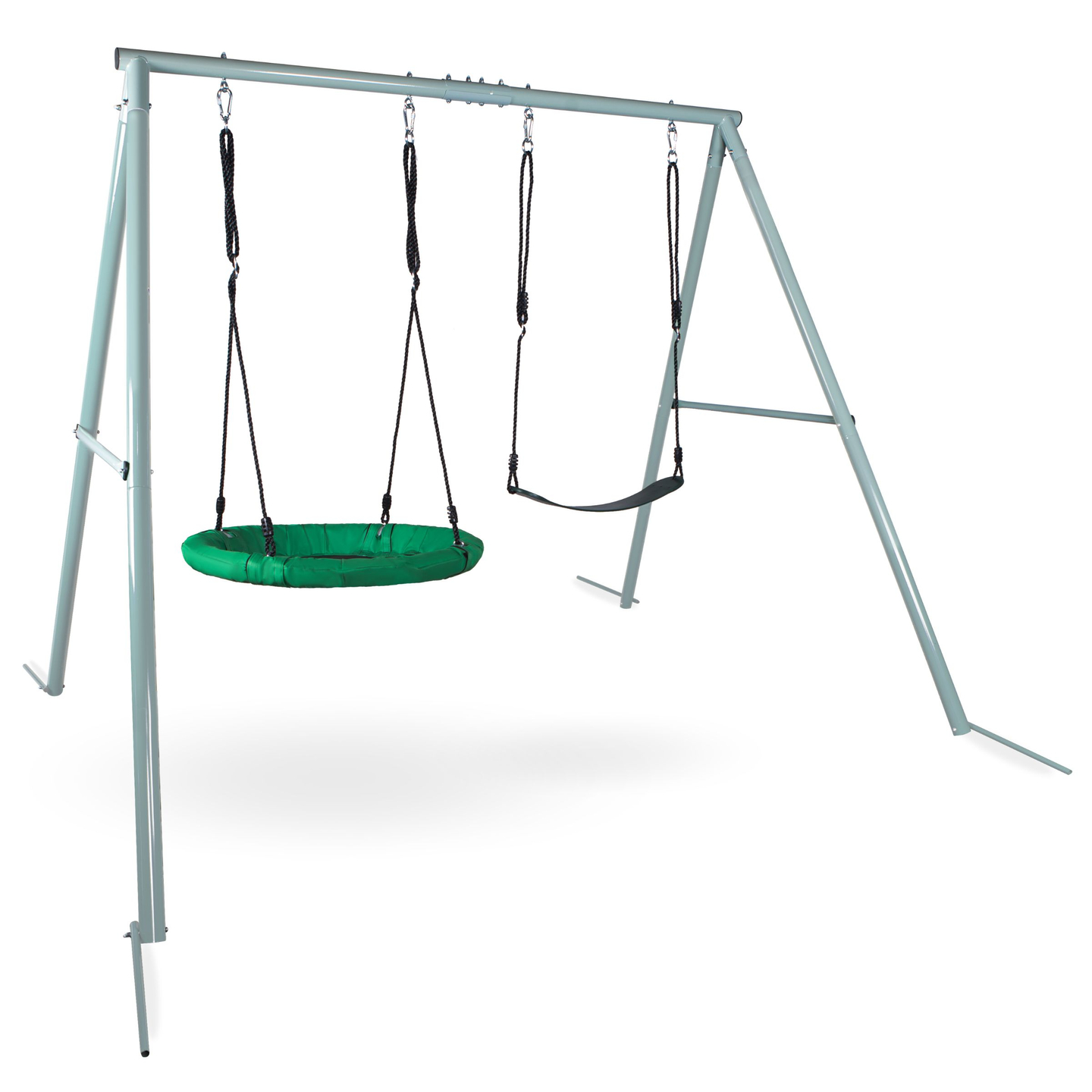 Altalena da giardino doppia con telaio e corde - seduta e nido di cicogna