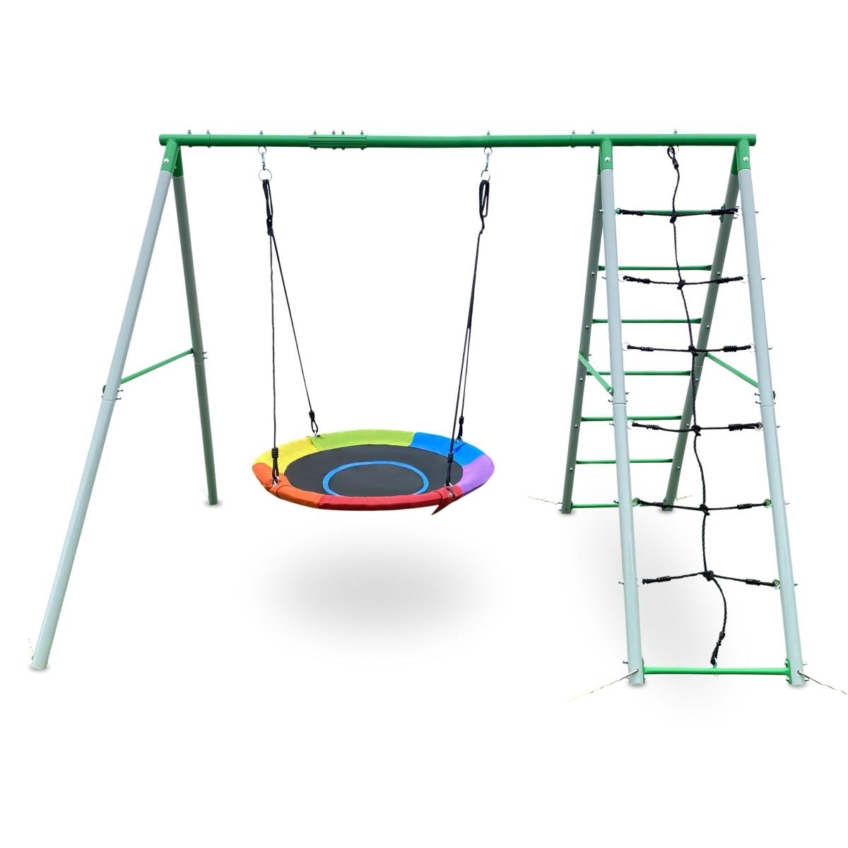 Parco giochi da giardino XL per bambini con altalena a nido di cicogna, scala e rete da arrampicata