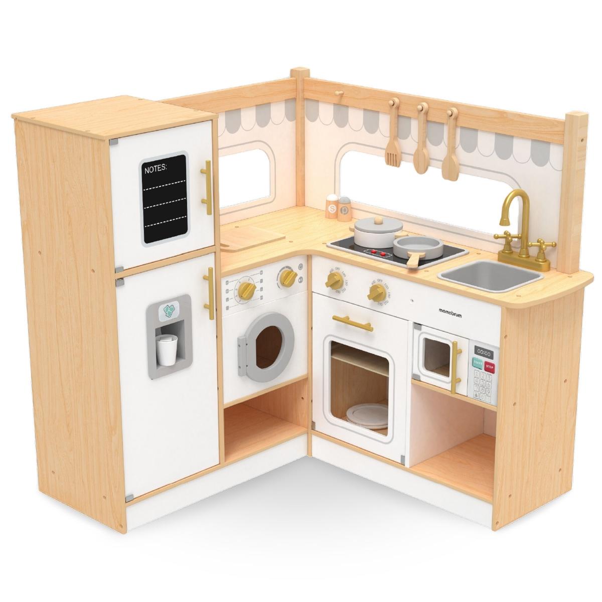 Cucina ad angolo interattiva in legno XXXL con frigorifero, microonde, forno, lavatrice e accessori - naturale