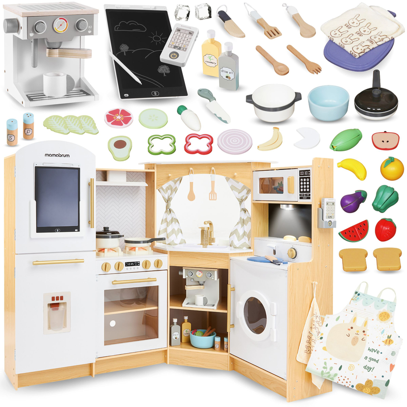 XXXXL grande cucina interattiva in legno con illuminazione a LED, lavatrice, macchina del caffè a microonde e set di frutta e verdura - 50 elementi