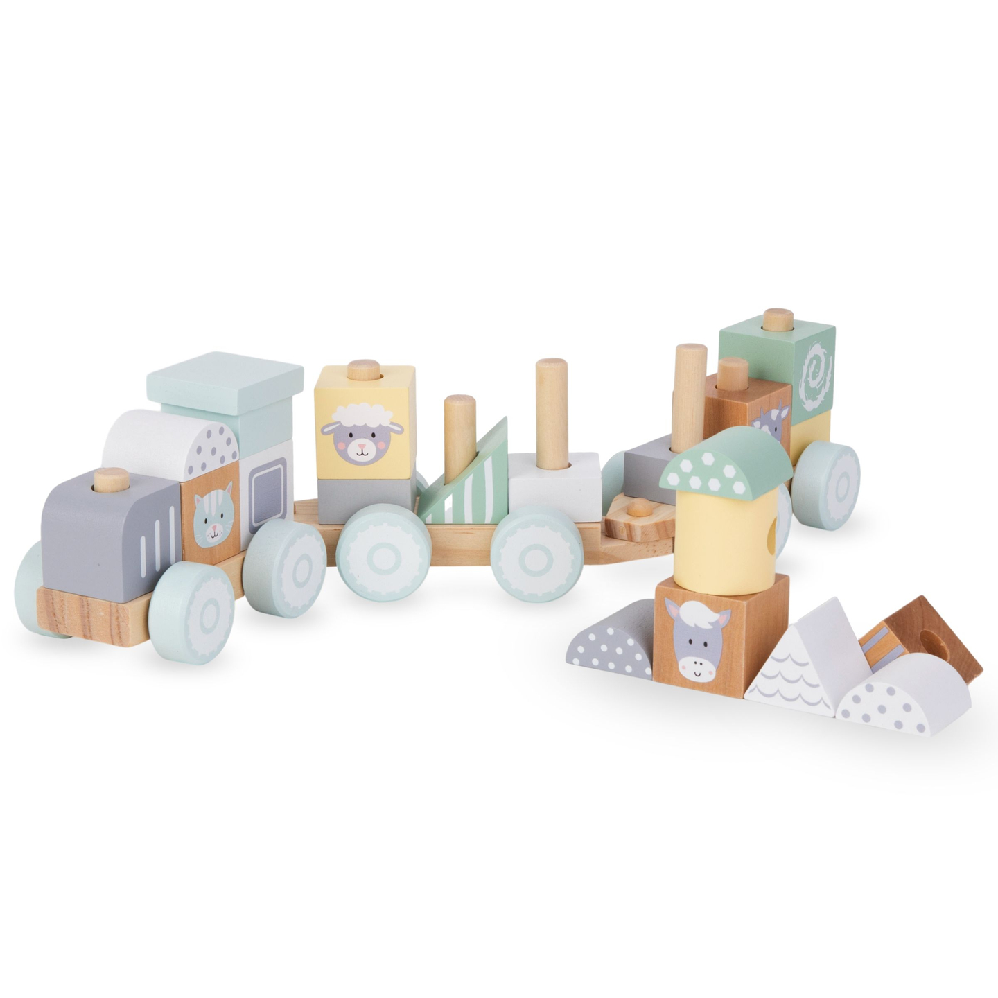 Treno di legno con blocchi per bambino - Fattoria