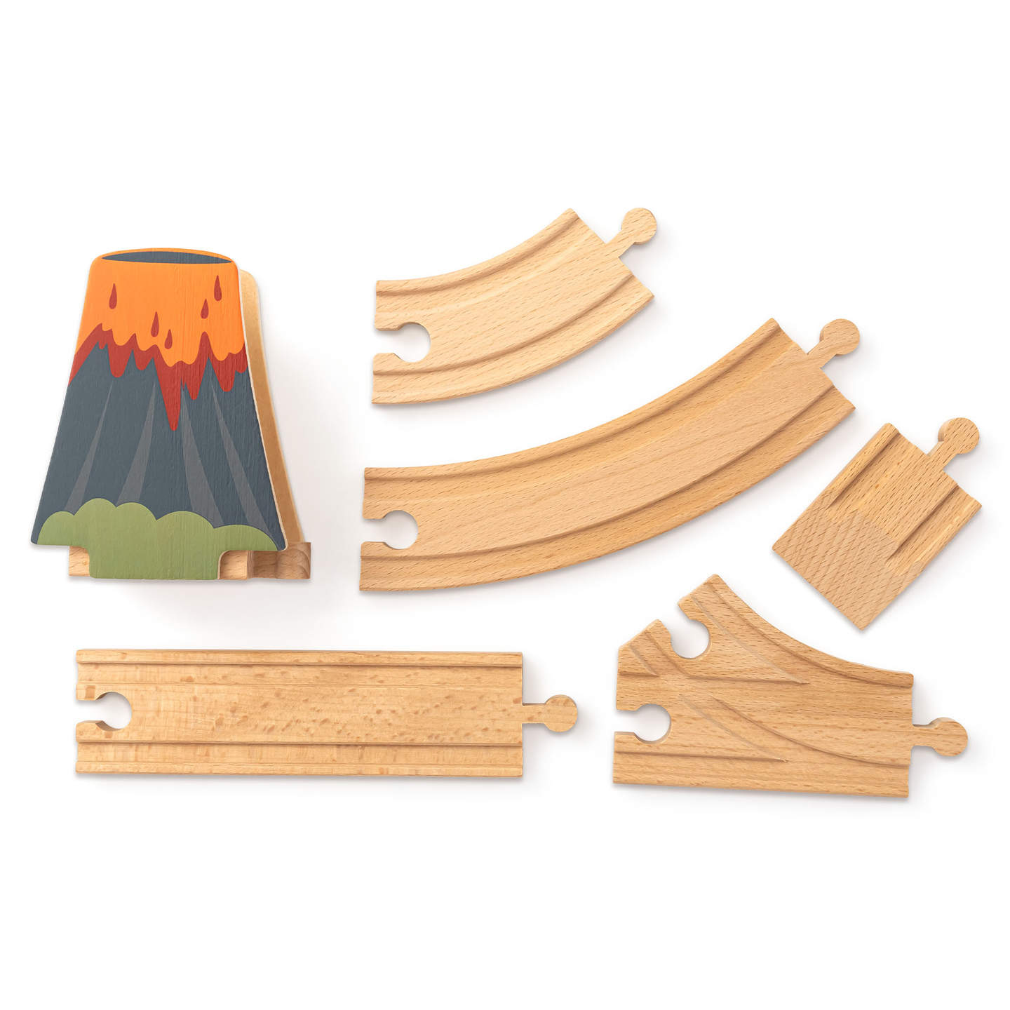 Trenino in legno Dino Park con tappetino antiscivolo - dinosauri, treno, binari, vulcano, campana