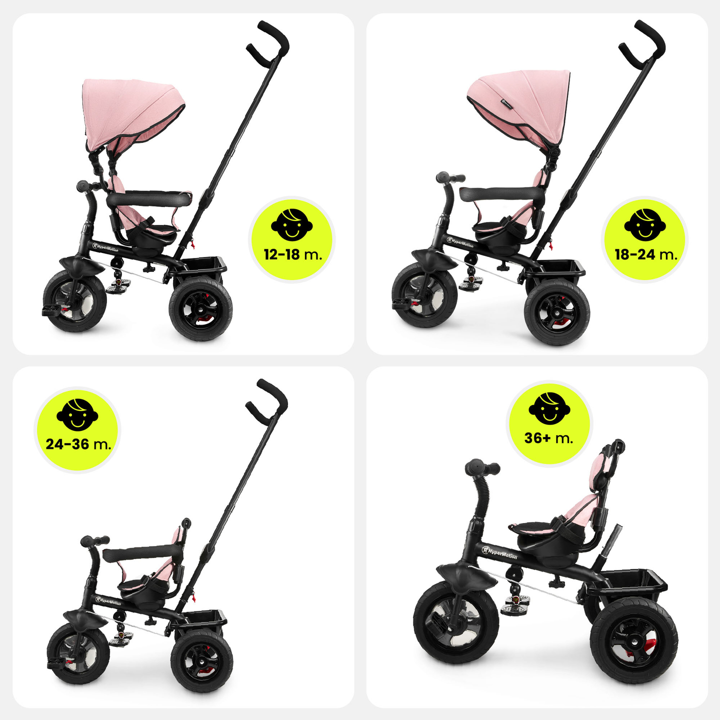 Triciclo per bambini 1-4 anni - TOBI FREY - colore rosa - girevole - ruote pompate + spintore