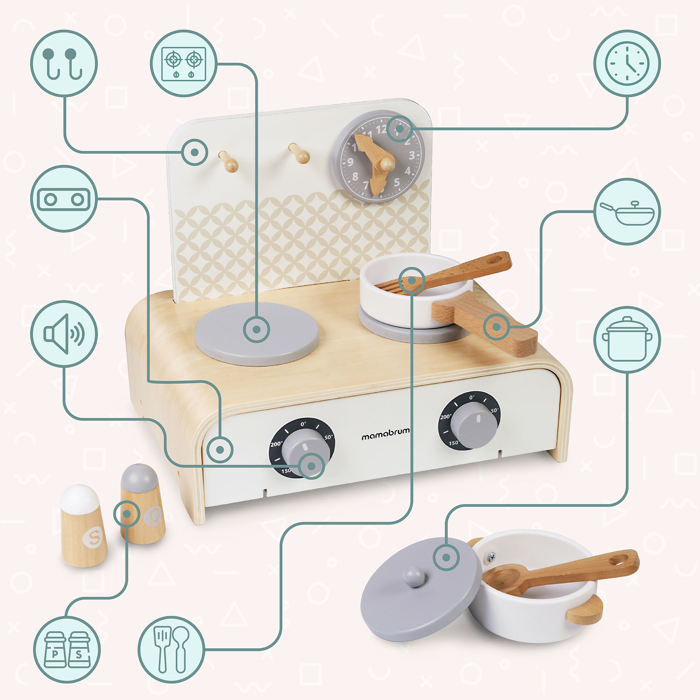 Mamabrum Cucina pieghevole in legno per bambini - Set con pentole, accessori da cucina e contenitori