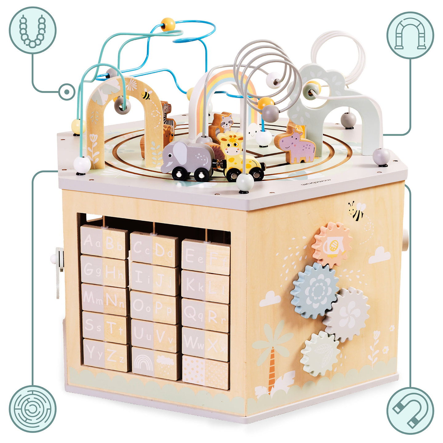 Grande cubo educativo in legno: un giocattolo Montessori con un treno magnetico e circuiti motori