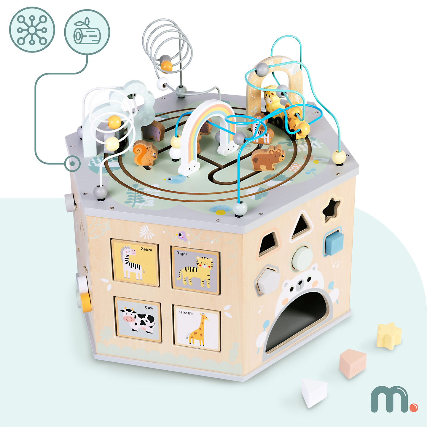 Grande cubo educativo in legno: un giocattolo Montessori con un treno magnetico e circuiti motori