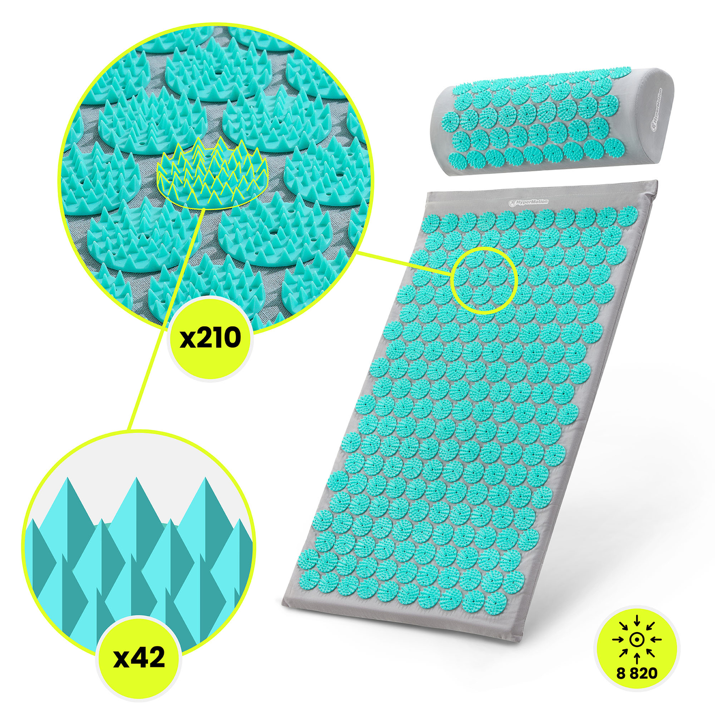 Tappetino per agopressione con cuscino e fodera - 72 cm HyperMotion grigio-menta