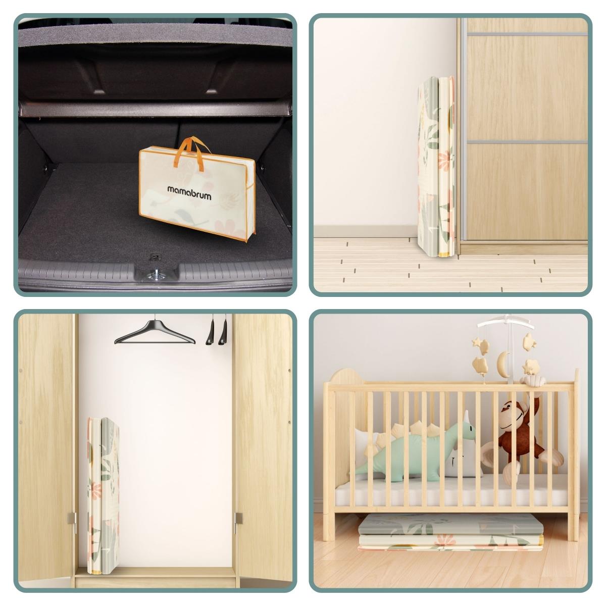 Tappetino pieghevole bifacciale in schiuma 180 x 120 x 1 cm - Elefanti esotici/Grigio delicato