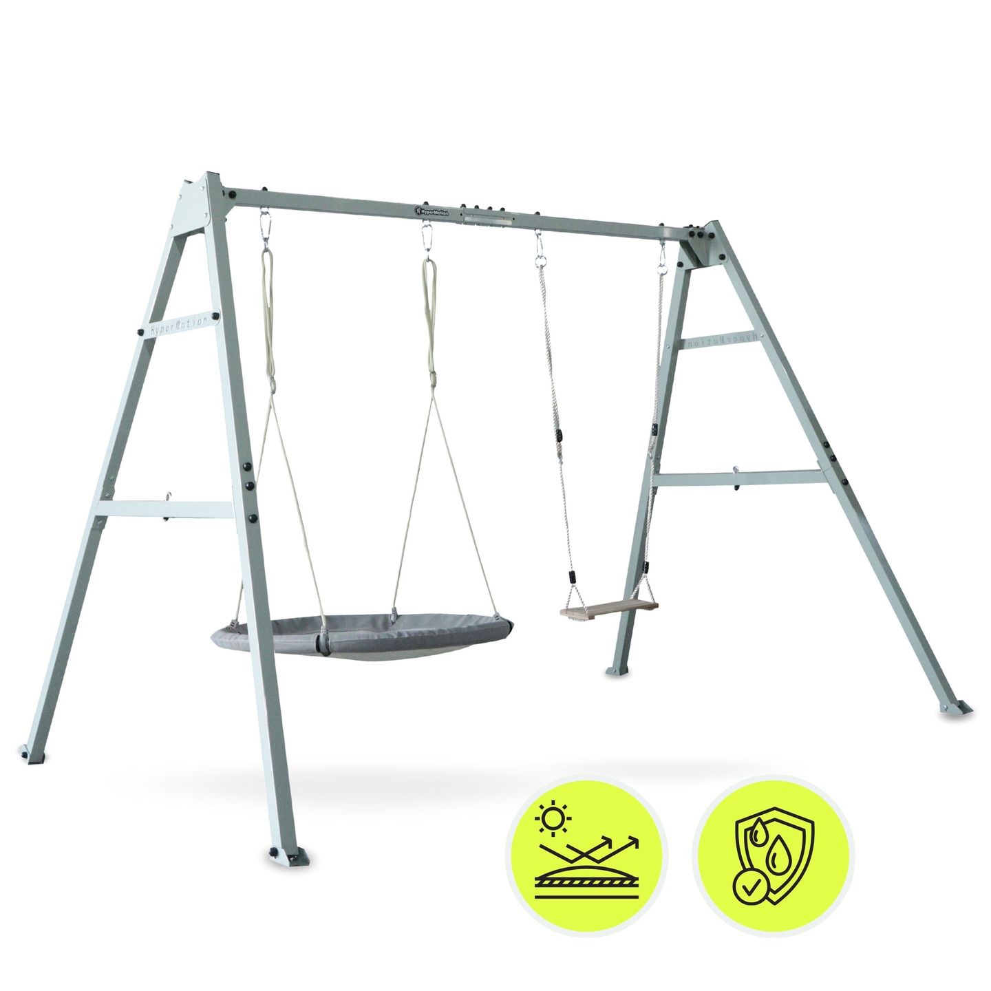 Altalena doppia con accessori - struttura in acciaio - nido di cicogna, dondolo e amaca