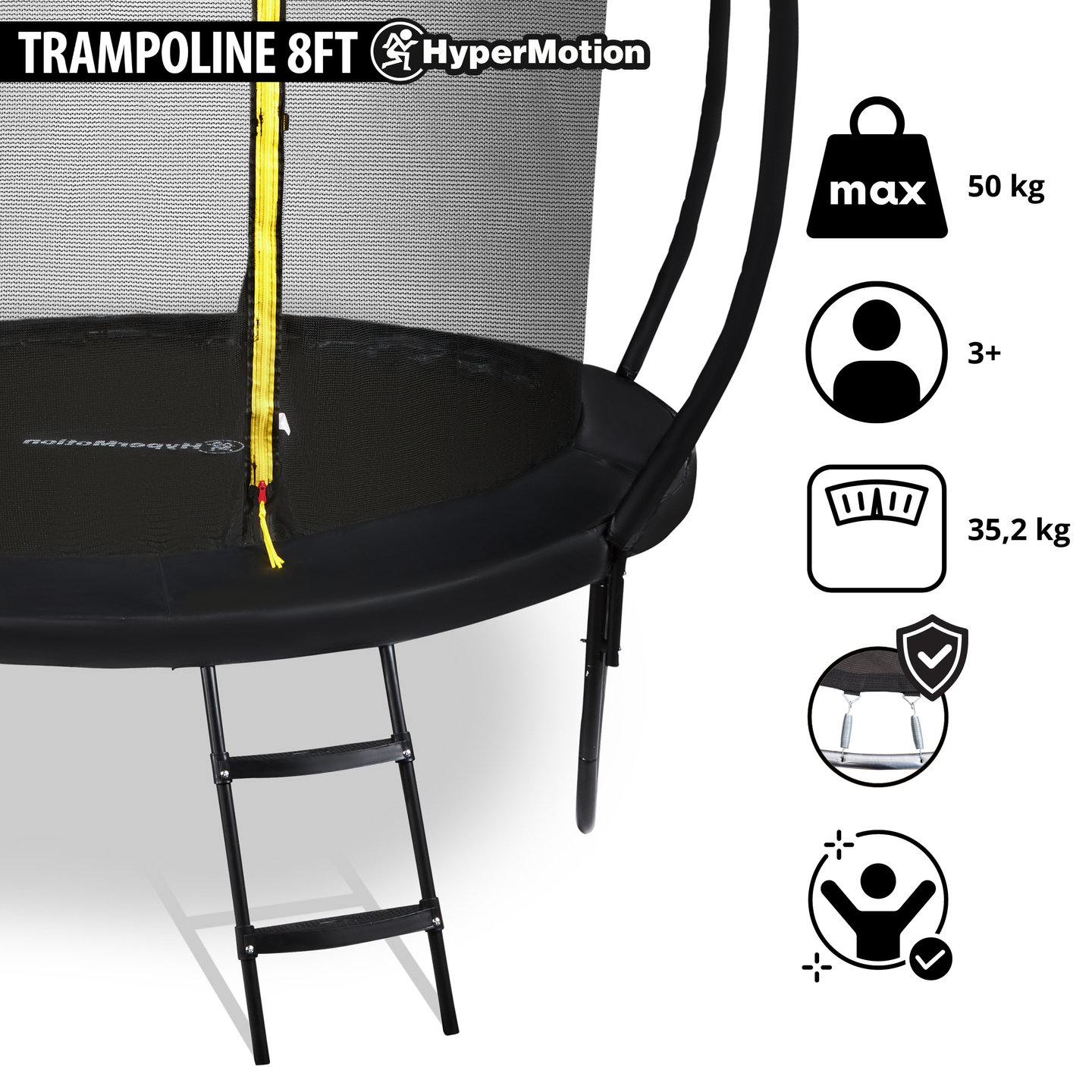 Trampolino da giardino per bambini HyperMotion - 244 cm 8FT - con scaletta e rete interna - per casa e giardino