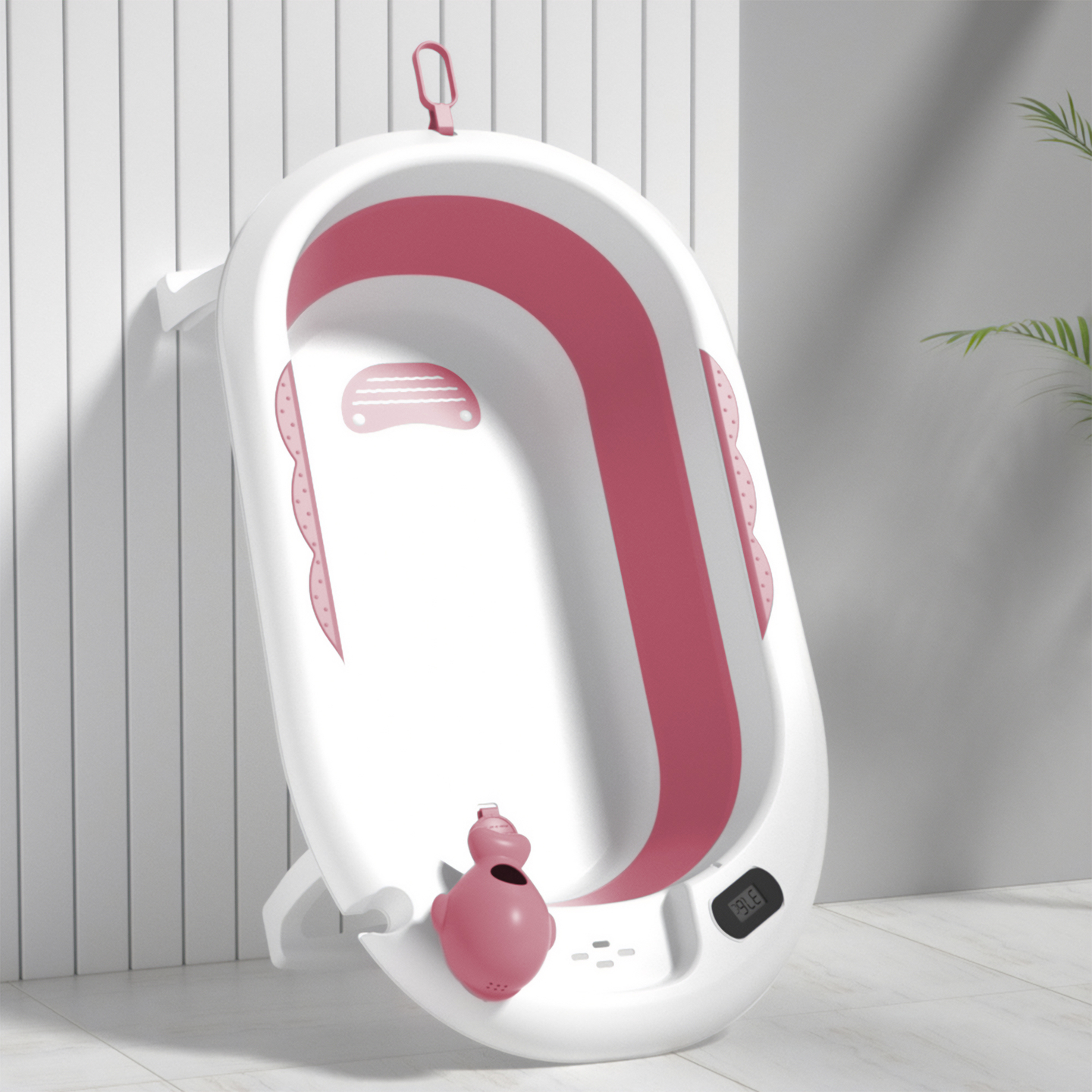 Vaschetta da bagno pieghevole per bambini con termometro, inserto e supporto - colore rosa sporco