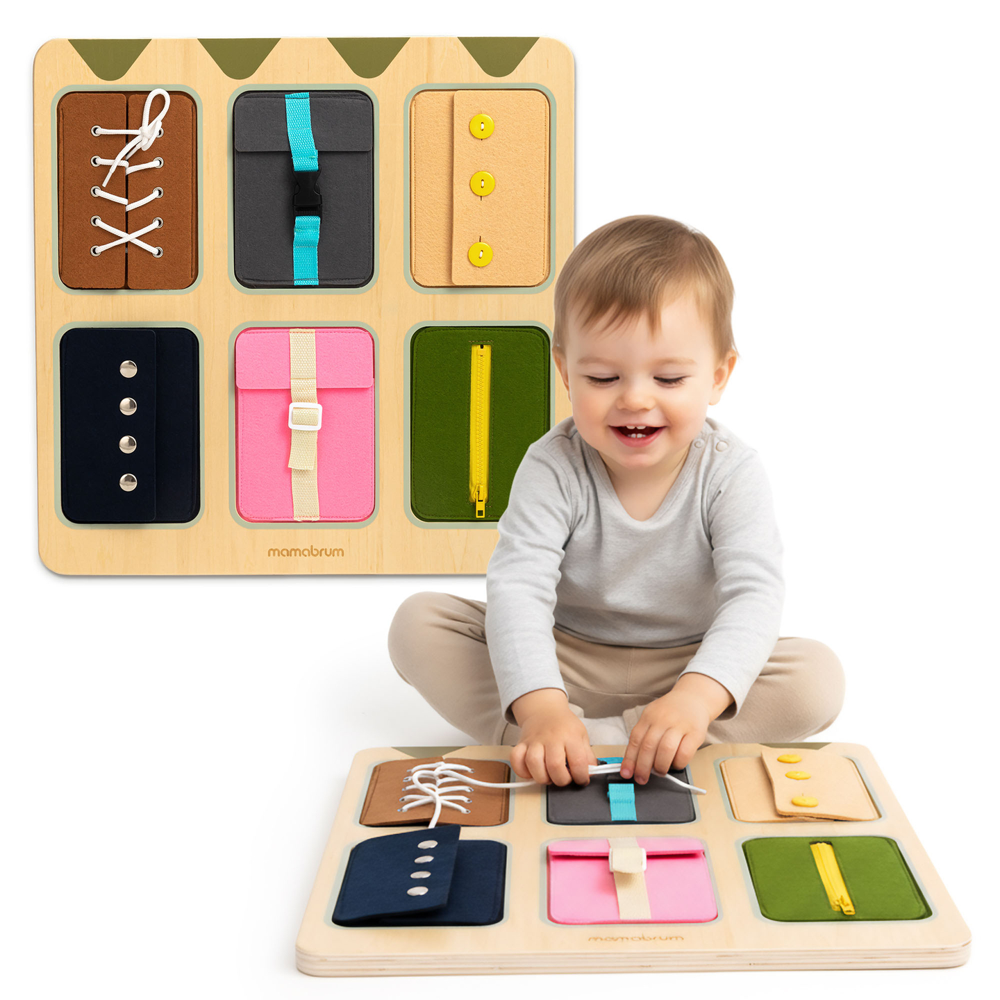 Tavola manipolativa Montessori in legno – Apprendimento sensoriale dell&#39;indipendenza - lacci, fibbie, bottoni, automatici, cerniera