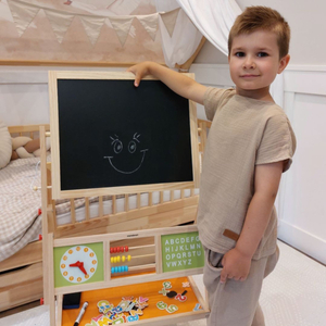 Grande lavagna didattica bifacciale: magnetica e con gesso - lavagna cancellabile a secco, in legno