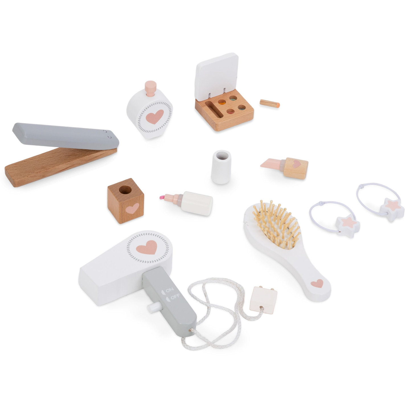 Tavolino da toilette in legno con sgabello e accessori