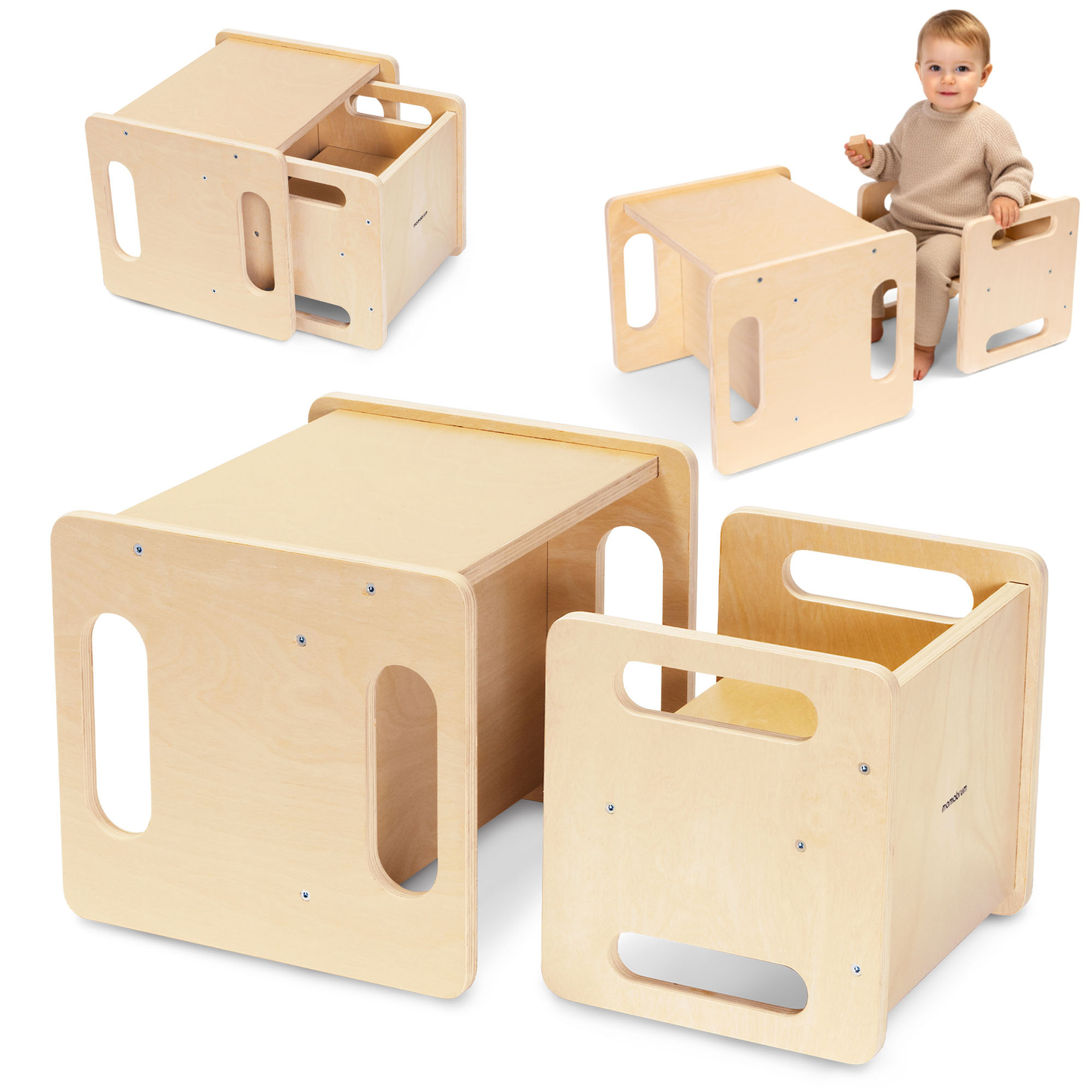 Tavolo e sedia in legno con funzione di gradino: un set Montessori multifunzionale per bambini