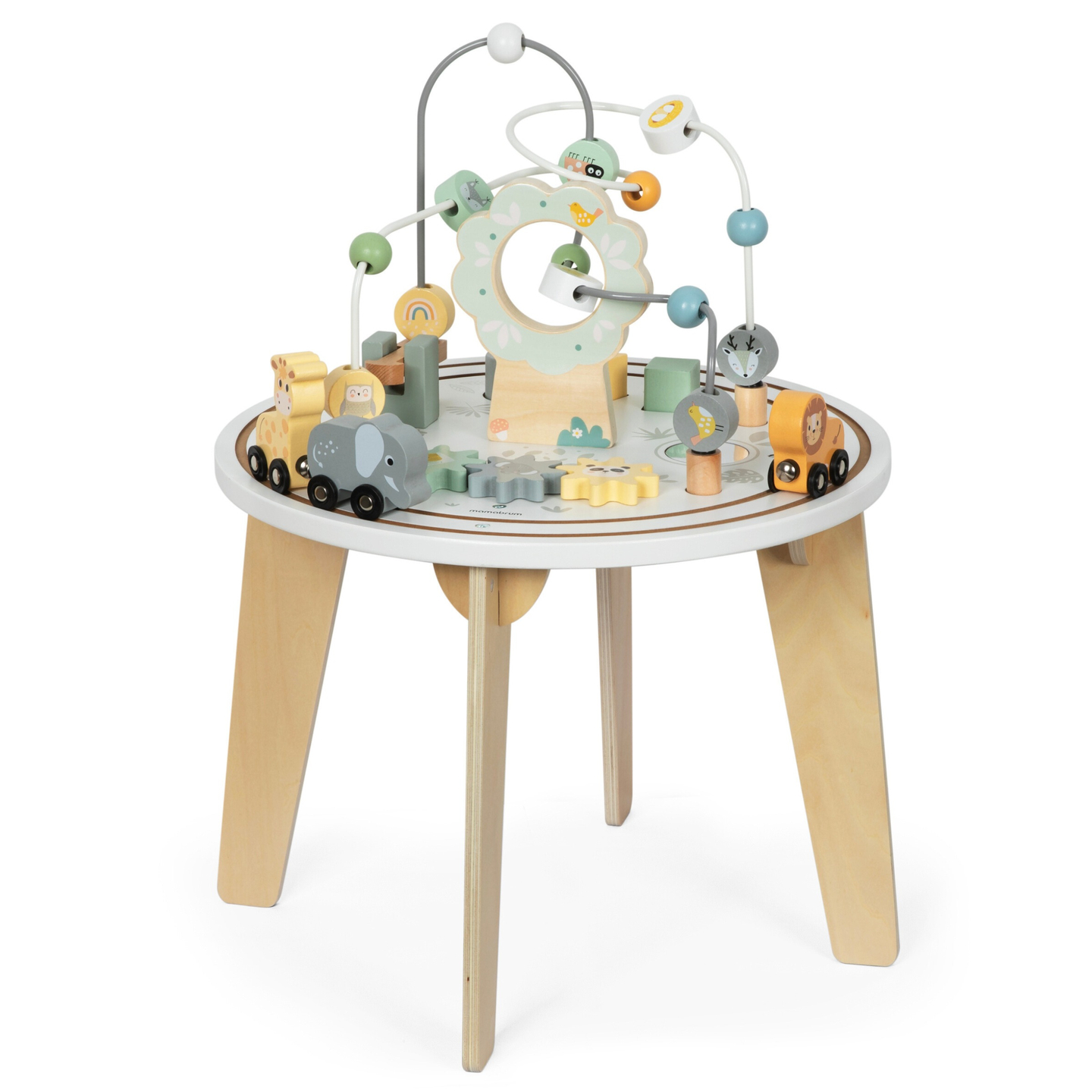 Tavolo didattico rotondo in legno con trenino magnetico e lanciaperline