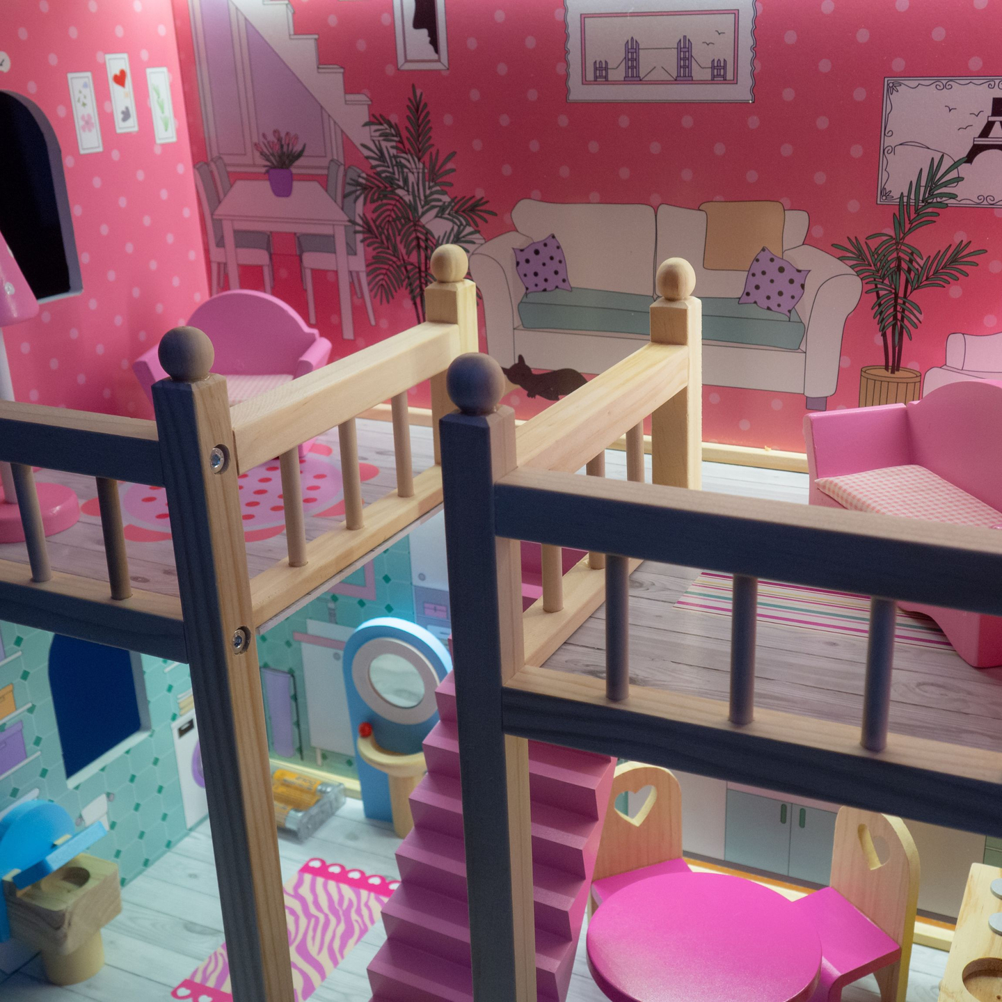 Grande casa delle bambole in legno a 3 piani con terrazza, set di mobili e illuminazione a LED!