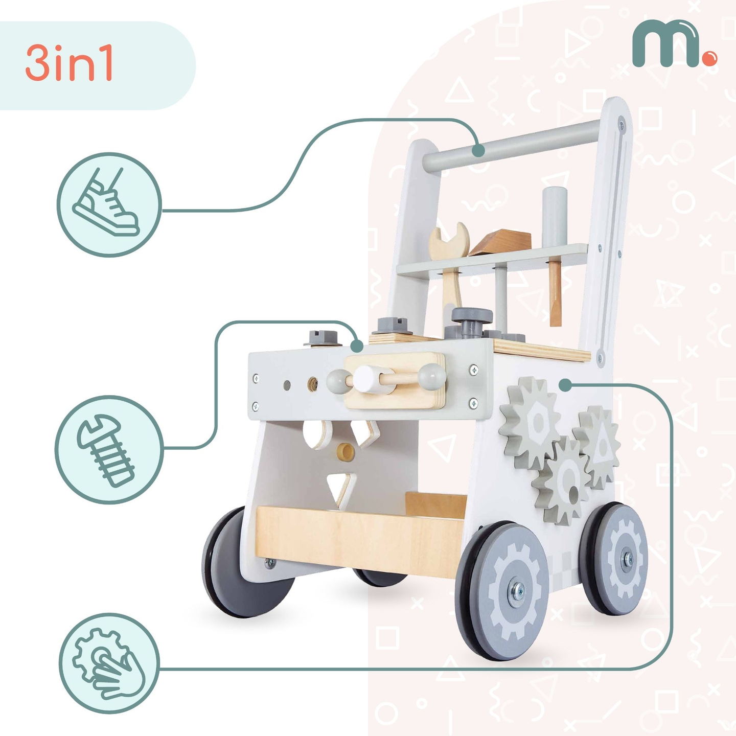Deambulatore, spingitore e laboratorio in legno 3 in 1 - 47 elementi