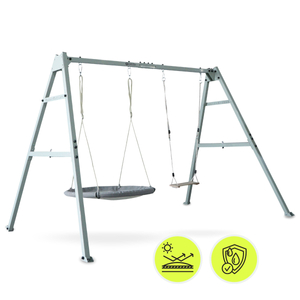 Altalena doppia con accessori - struttura in acciaio - nido di cicogna, dondolo e amaca