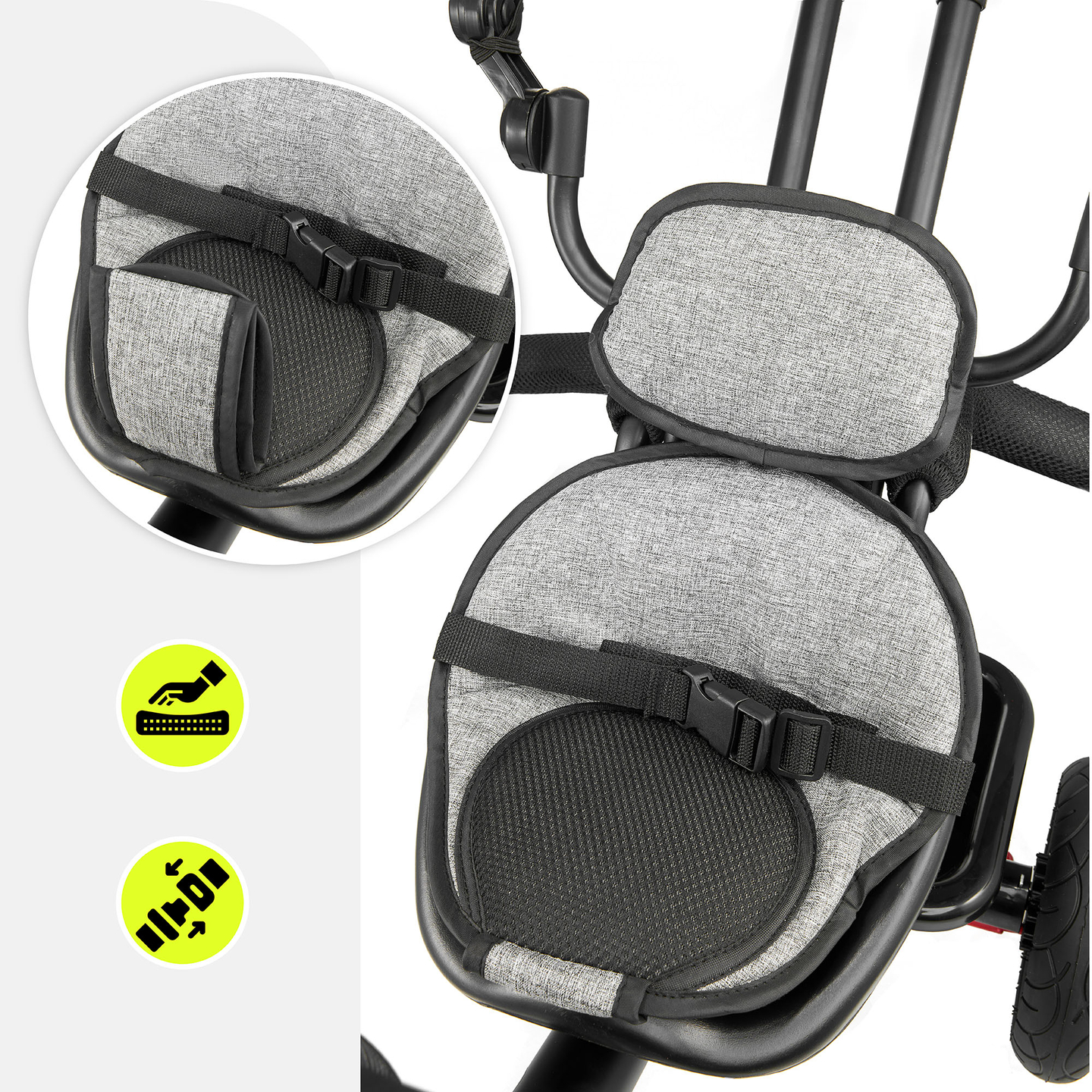 Triciclo per bambini 1-4 anni - TOBI FREY - colore grigio - girevole - ruote pompate + spingitore