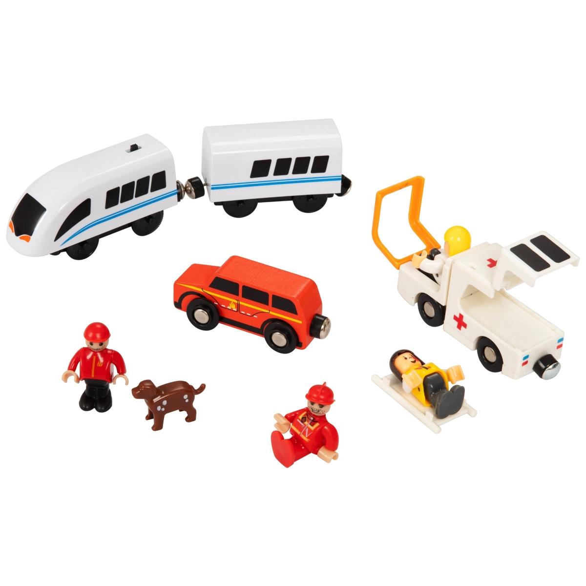 Treno in legno, treno a batteria - Vigili del fuoco, binari, automobili, ponti, barriera