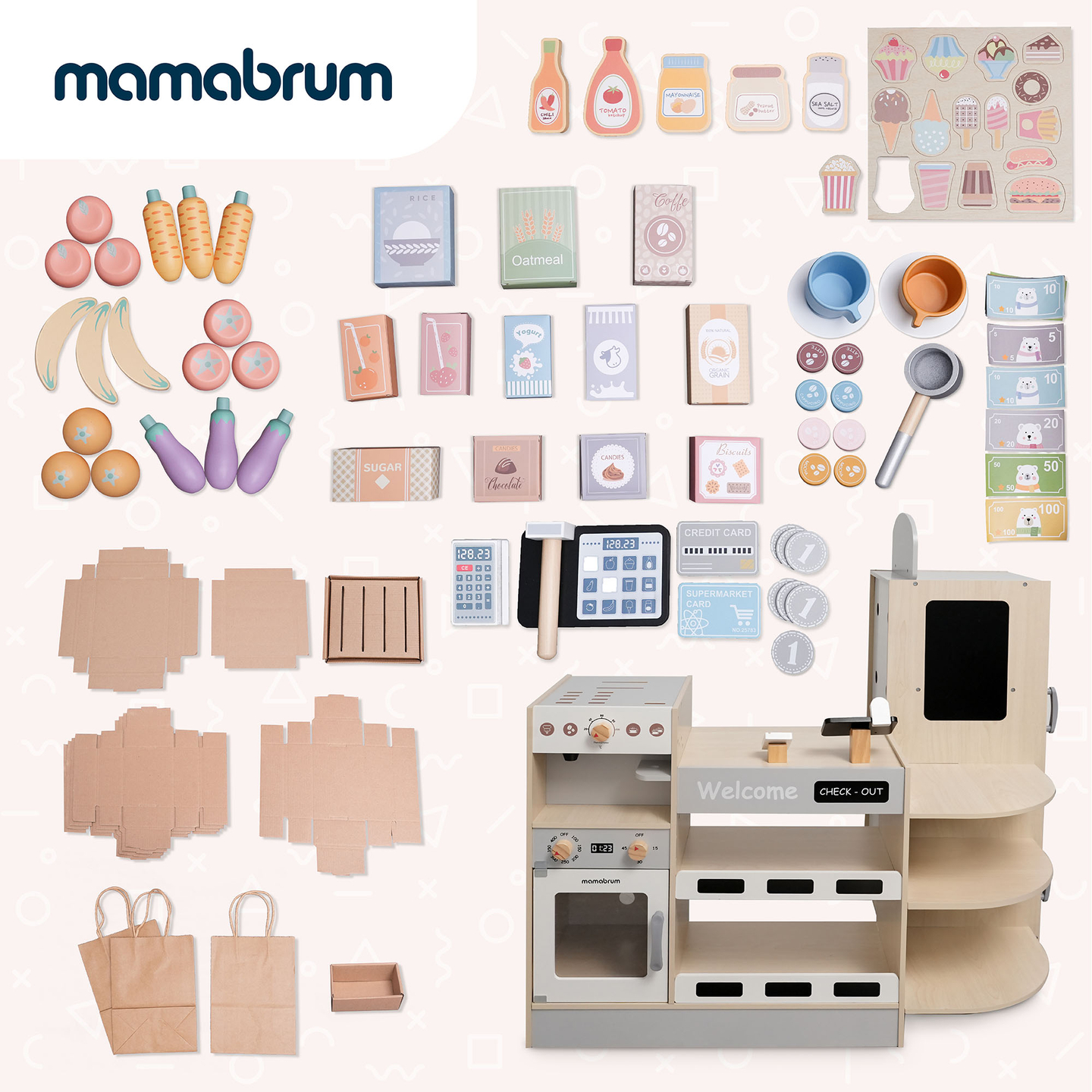 Grande negozio in legno XXXL per bambini con bar fast food - Corner shop + Macchina del caffè + Forno + Frigorifero - 106 ac.