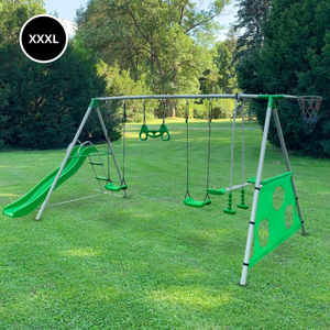 Parco giochi da giardino XXXL per bambini con altalene, scivolo, trapezio ginnico, canestro da basket e porta da calcio