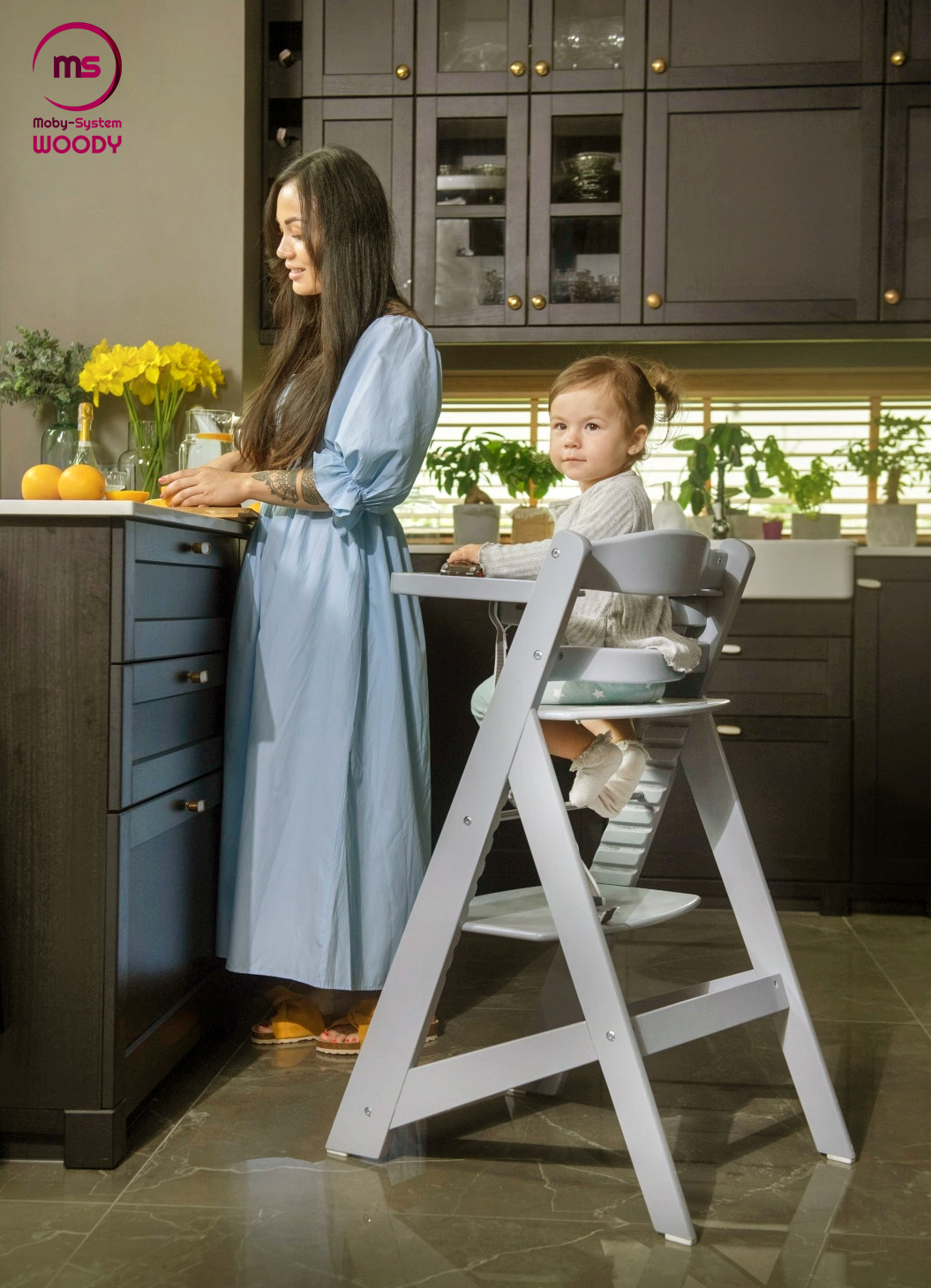 Sedia per alimentazione in legno Moby-System WOODY - colore grigio