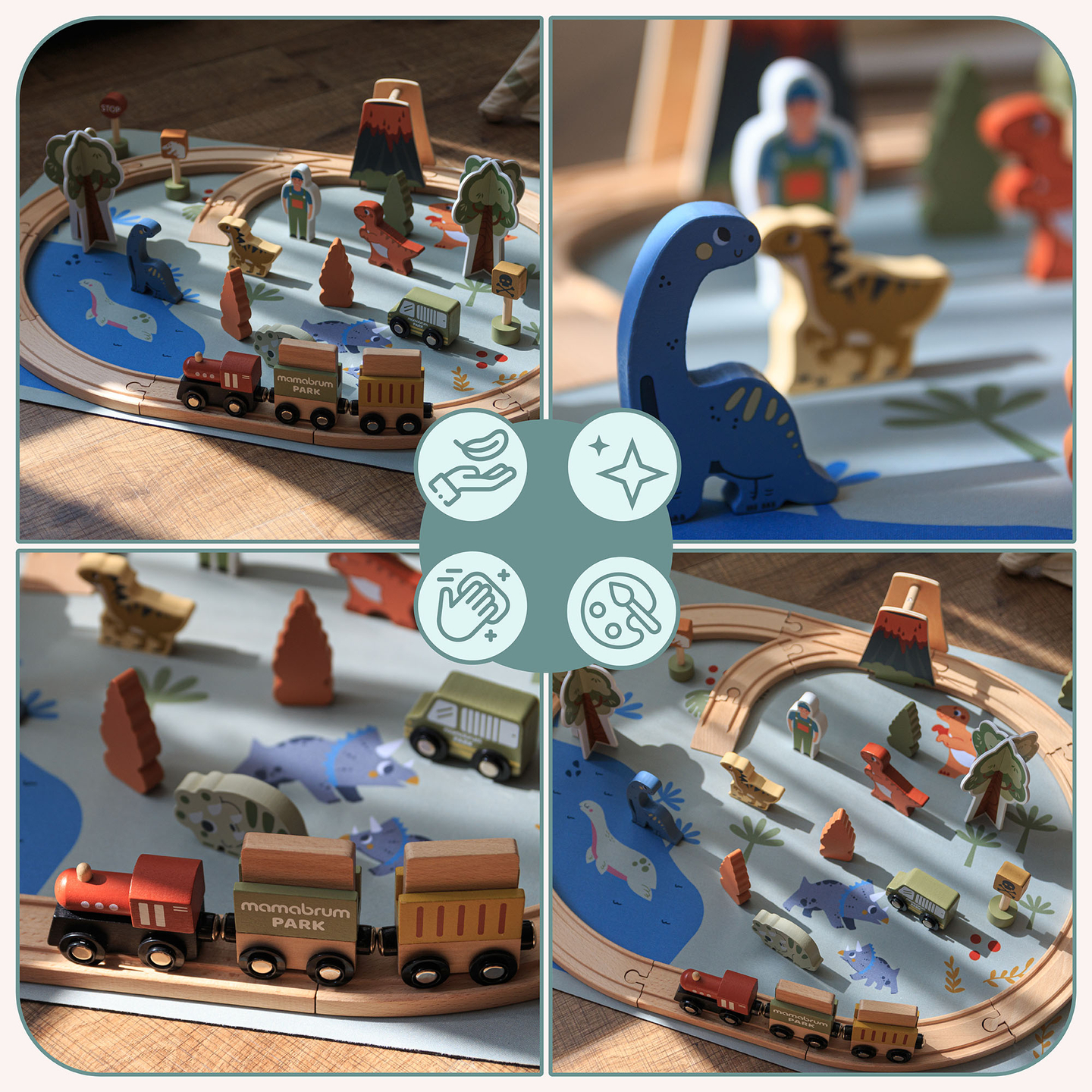 Trenino in legno Dino Park con tappetino antiscivolo - dinosauri, treno, binari, vulcano, campana