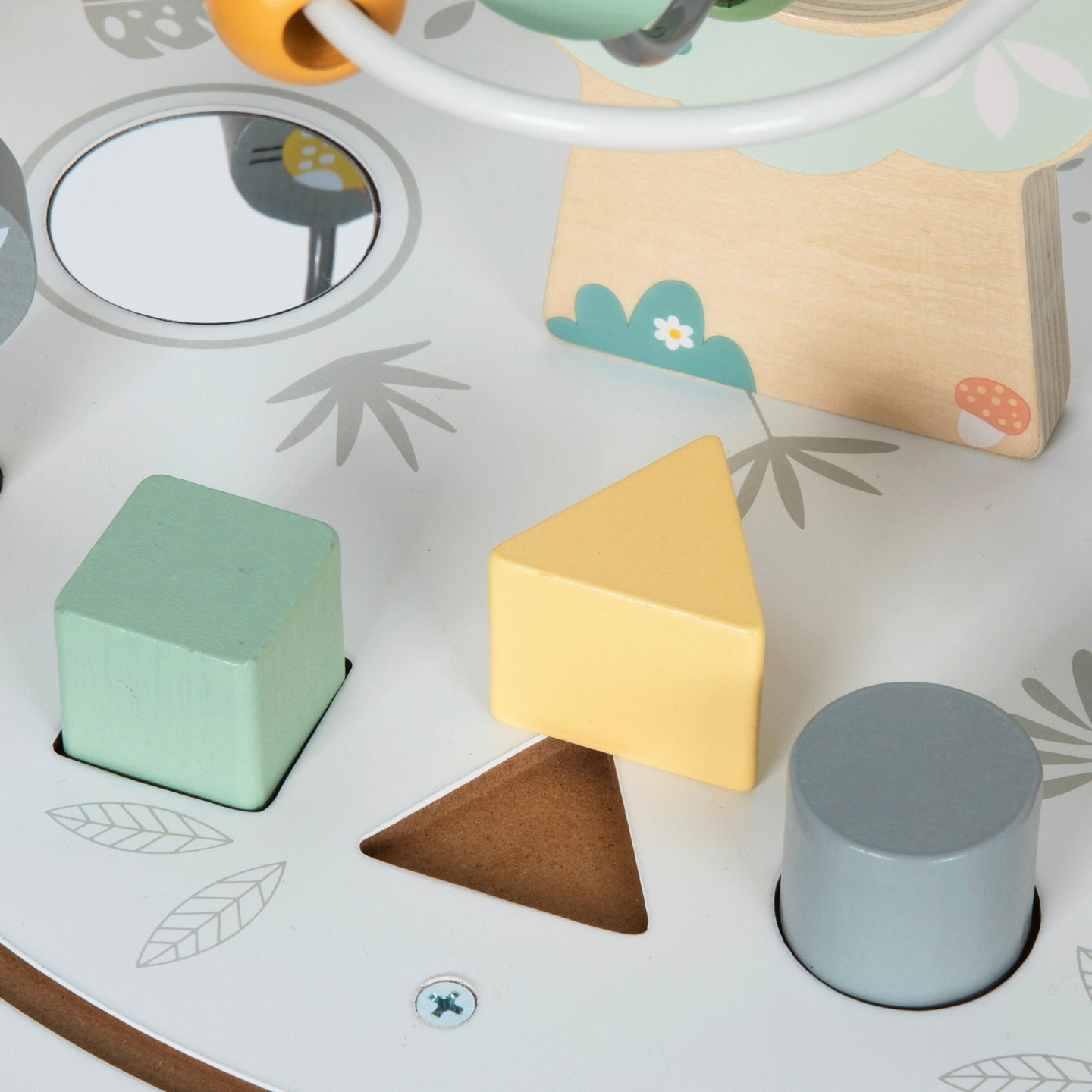 Tavolo didattico rotondo in legno con trenino magnetico e lanciaperline